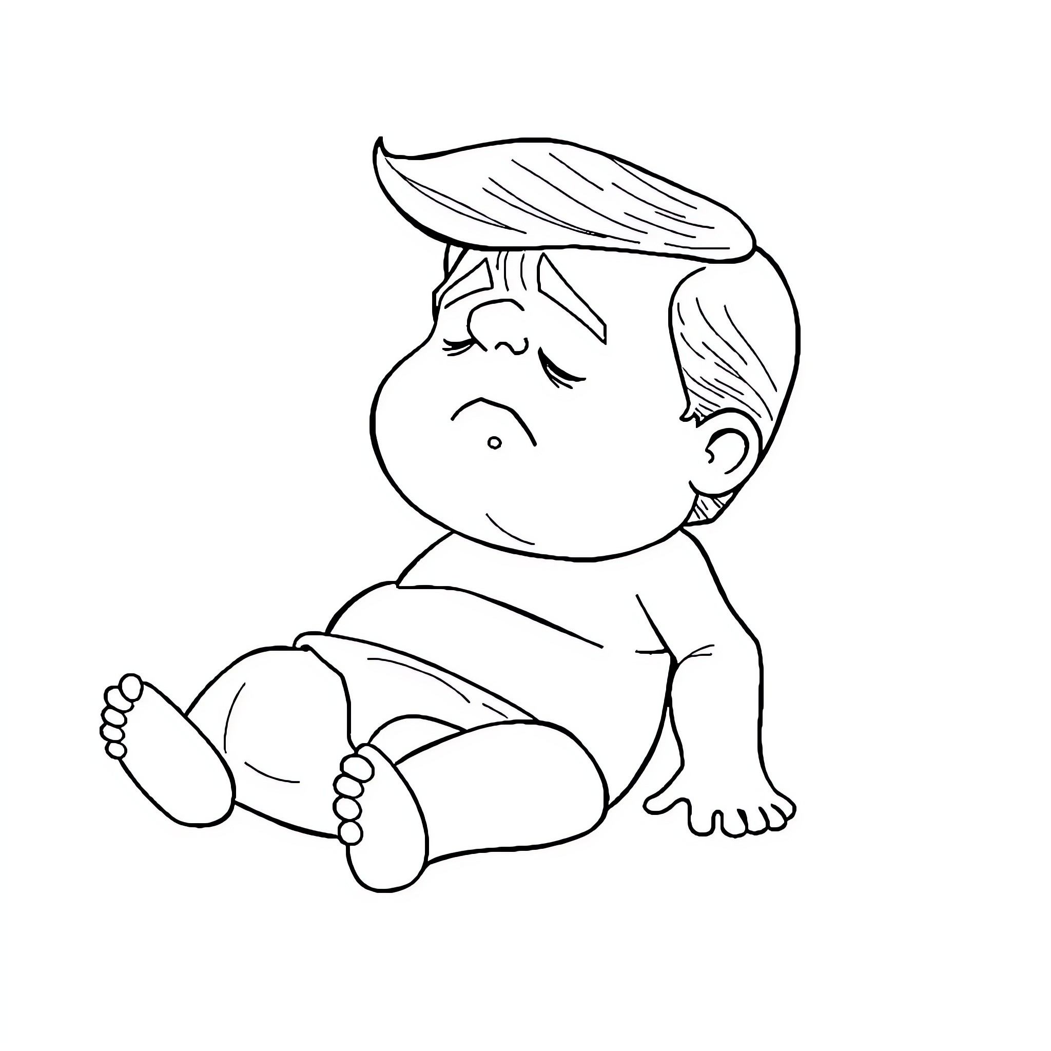 Donald Trump Sitting Unhappily as a Baby Coloring Page (free black-and-white line drawing printable PDF for all, from beginners to advanced learners, including children, teens, adults, and seniors)