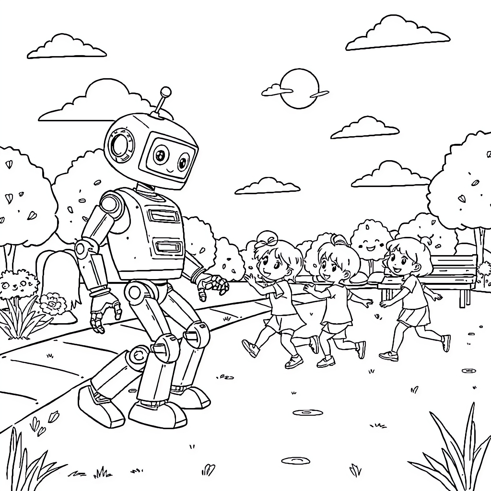 Robot Interacting with Cheerful Children in Outdoor Park Coloring Page (free black-and-white line drawing printable PDF for all, from beginners to advanced learners, including children, teens, adults, and seniors)