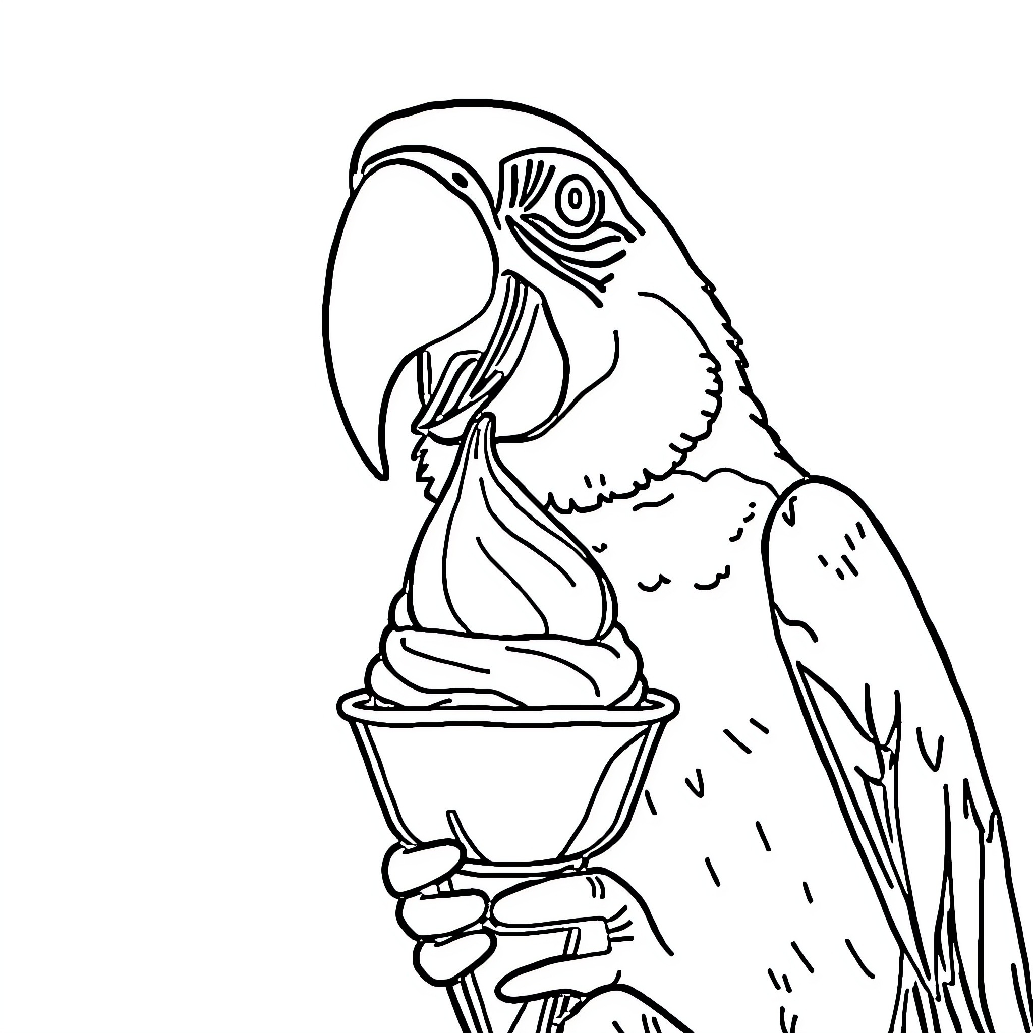 Macaw holding a bowl Coloring Page (free black-and-white line drawing printable PDF for all, from beginners to advanced learners, including children, teens, adults, and seniors)