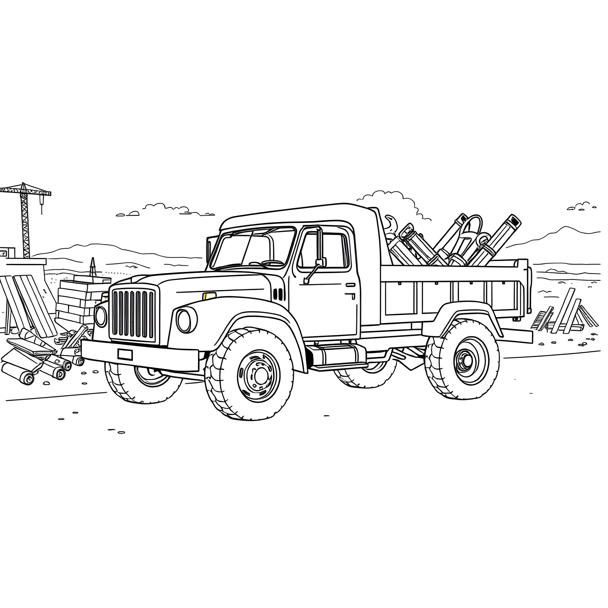 Dump Pickup Truck Loaded with Construction Materials Coloring Page (free black-and-white line drawing printable PDF for all, from beginners to advanced learners, including children, teens, adults, and seniors)