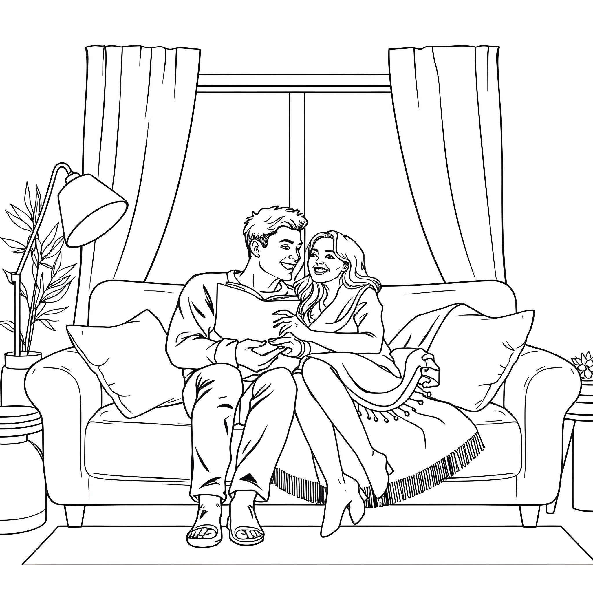 Couple relaxing together on a couch Coloring Page (free black-and-white line drawing printable PDF for all, from beginners to advanced learners, including children, teens, adults, and seniors)