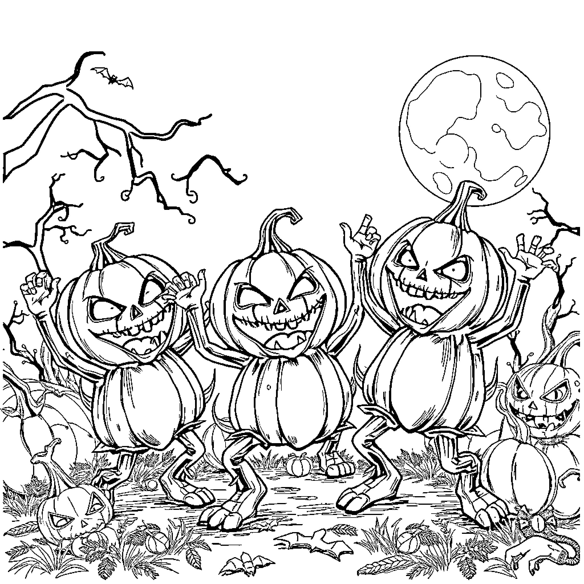 Pumpkin Creatures Celebrating Halloween Night Coloring Page (free black-and-white line drawing printable PDF for all, from beginners to advanced learners, including children, teens, adults, and seniors)