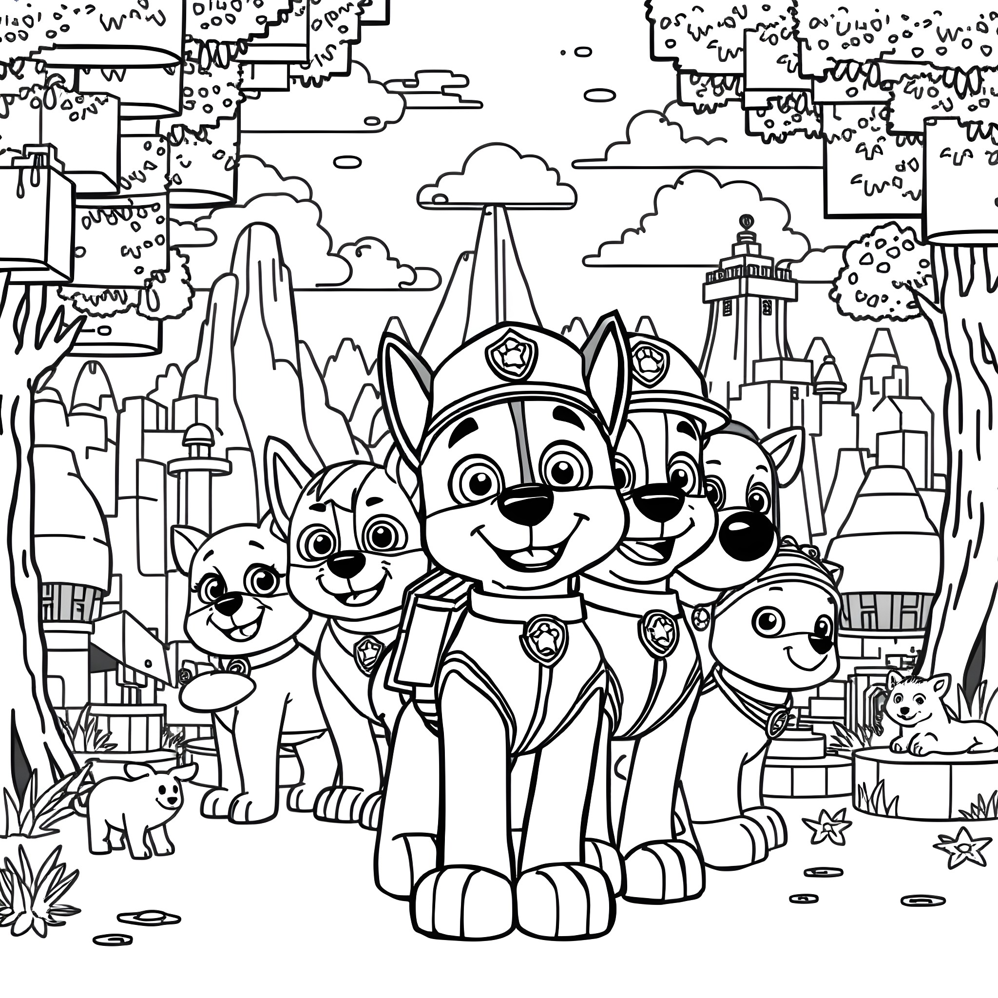 Paw Patrol dogs on duty in an adventurous setting Coloring Page (free black-and-white line drawing printable PDF for all, from beginners to advanced learners, including children, teens, adults, and seniors)