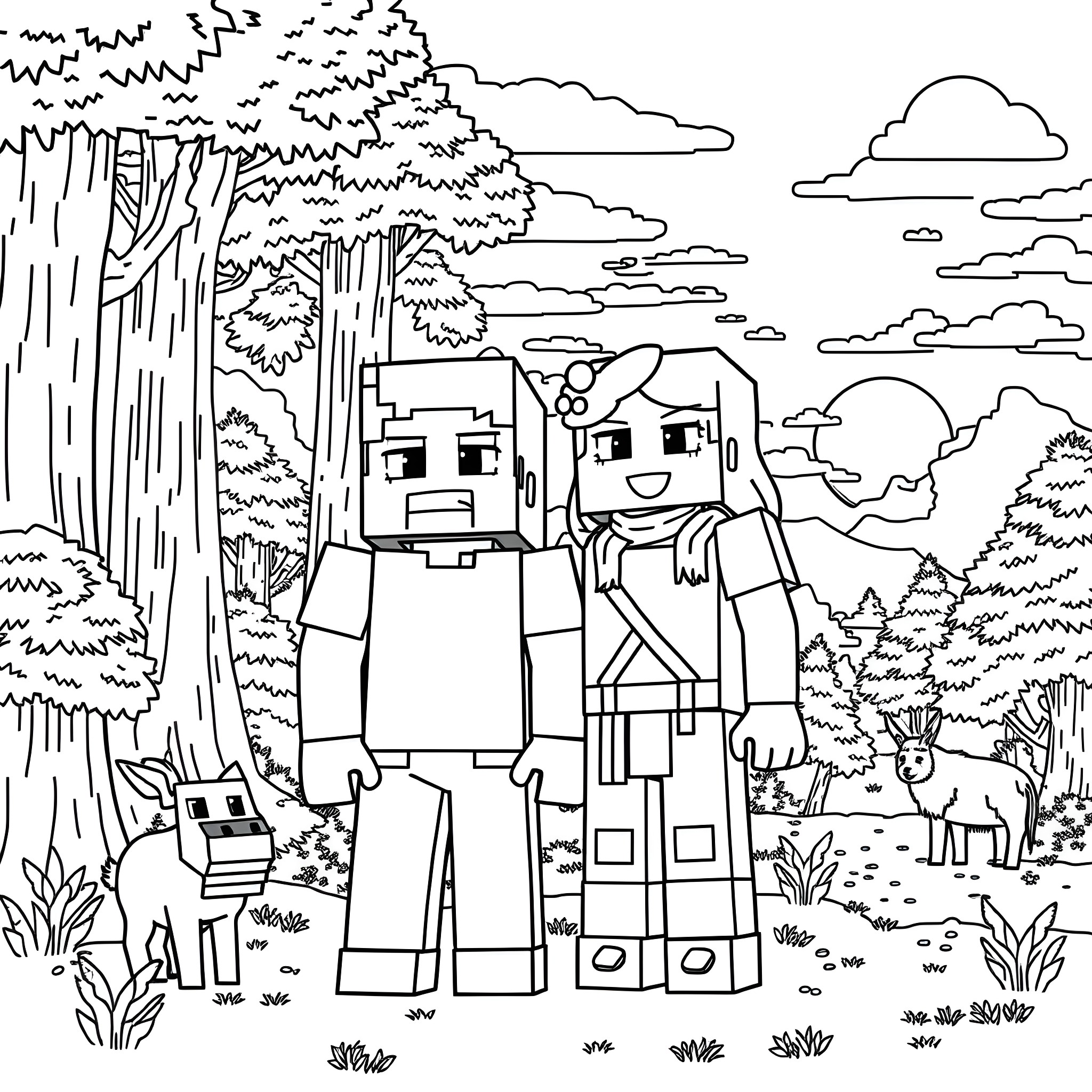Minecraft Characters Exploring the Enchanted Forest Coloring Page (free black-and-white line drawing printable PDF for all, from beginners to advanced learners, including children, teens, adults, and seniors)