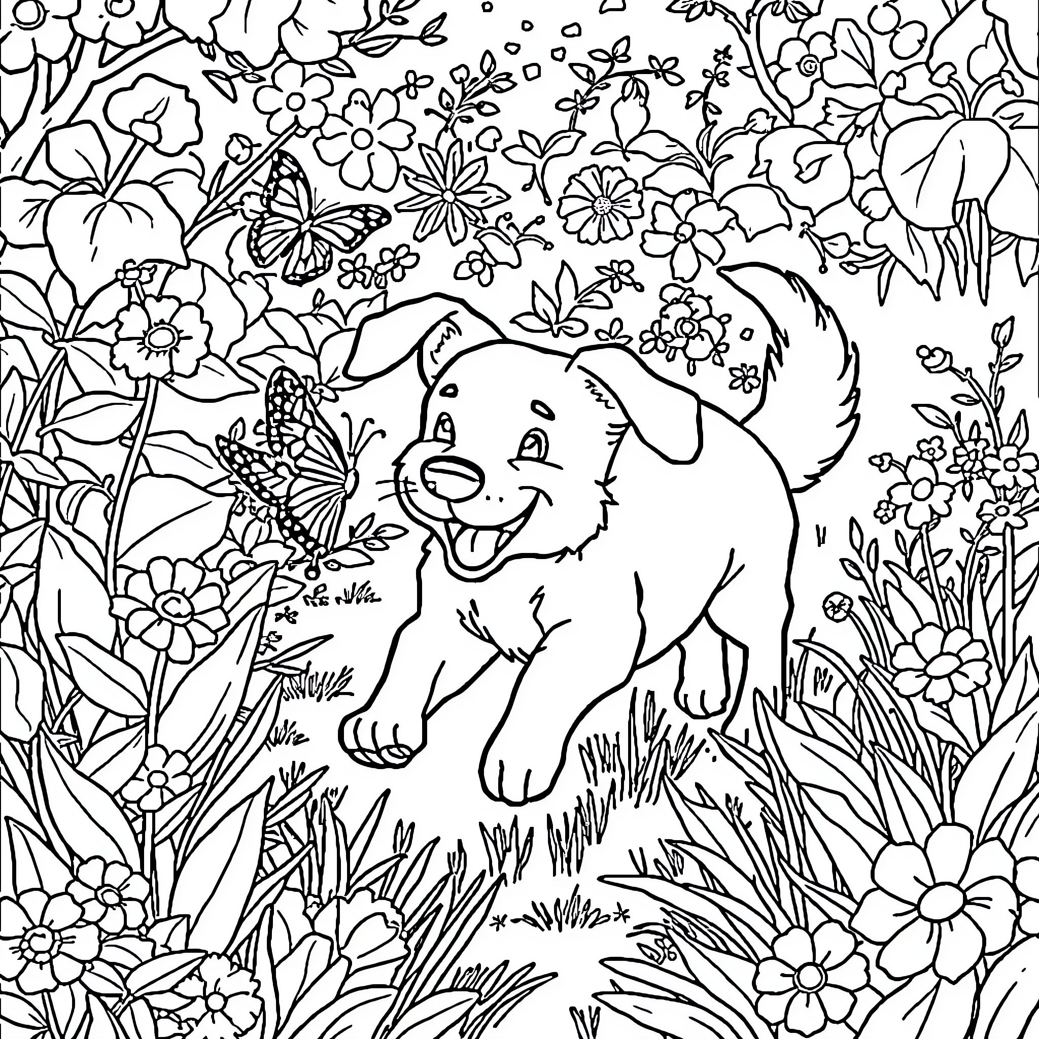 Dog playing happily in a flowery garden Coloring Page (free black-and-white line drawing printable PDF for all, from beginners to advanced learners, including children, teens, adults, and seniors)