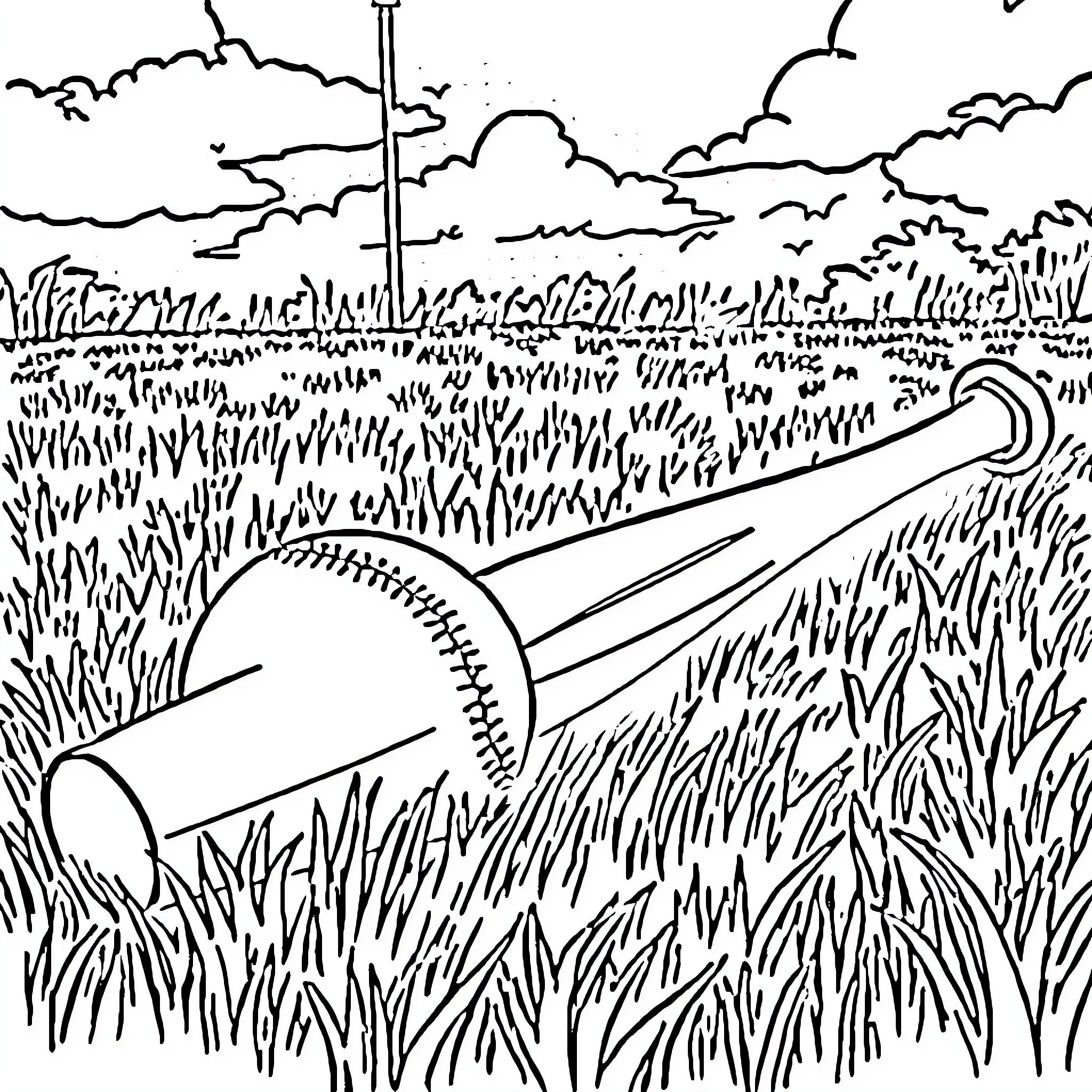 Bat and Ball in a Grassy Field Coloring Page (free black-and-white line drawing printable PDF for all, from beginners to advanced learners, including children, teens, adults, and seniors)