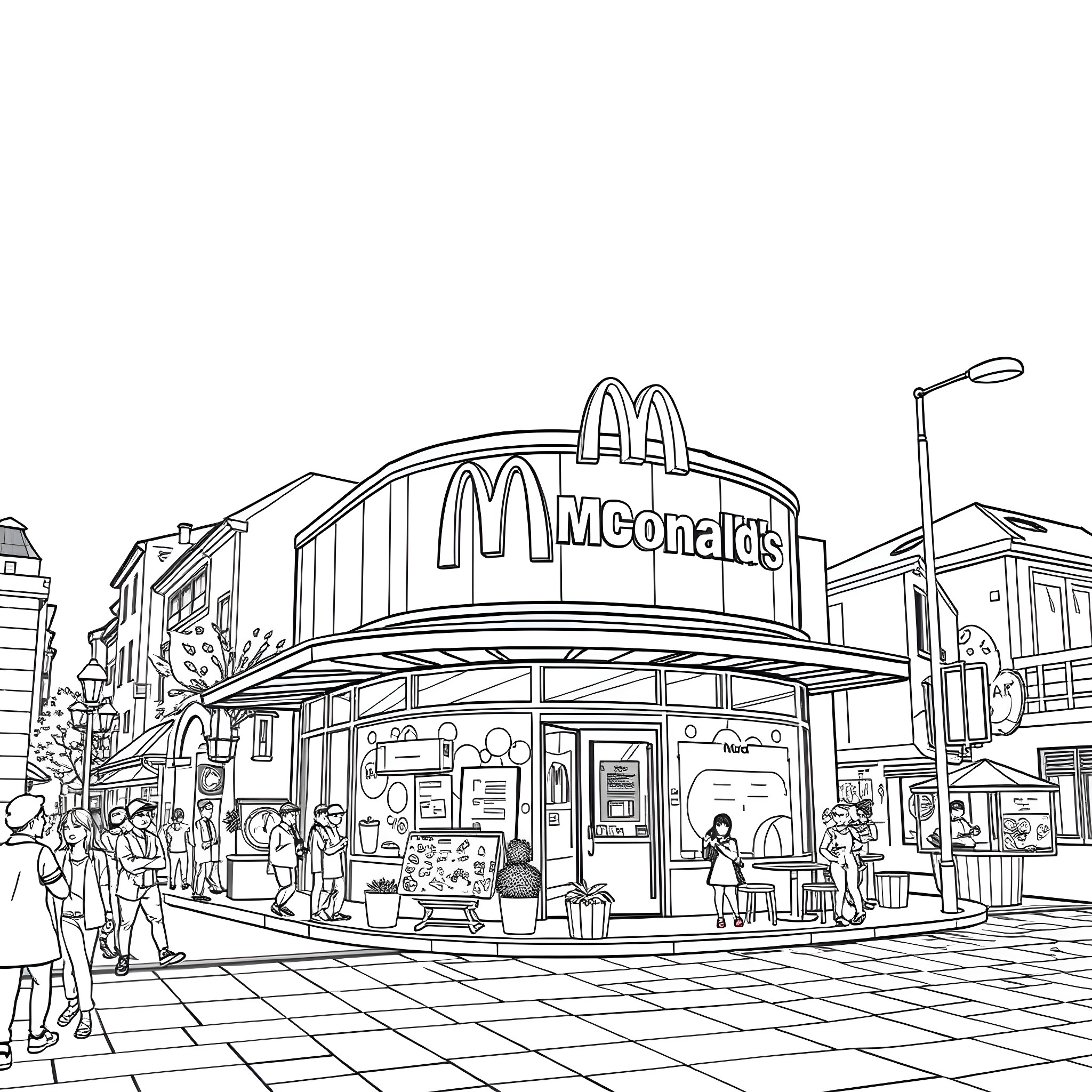 McDonald's Restaurant in the City Coloring Page (free black-and-white line drawing printable PDF for all, from beginners to advanced learners, including children, teens, adults, and seniors)