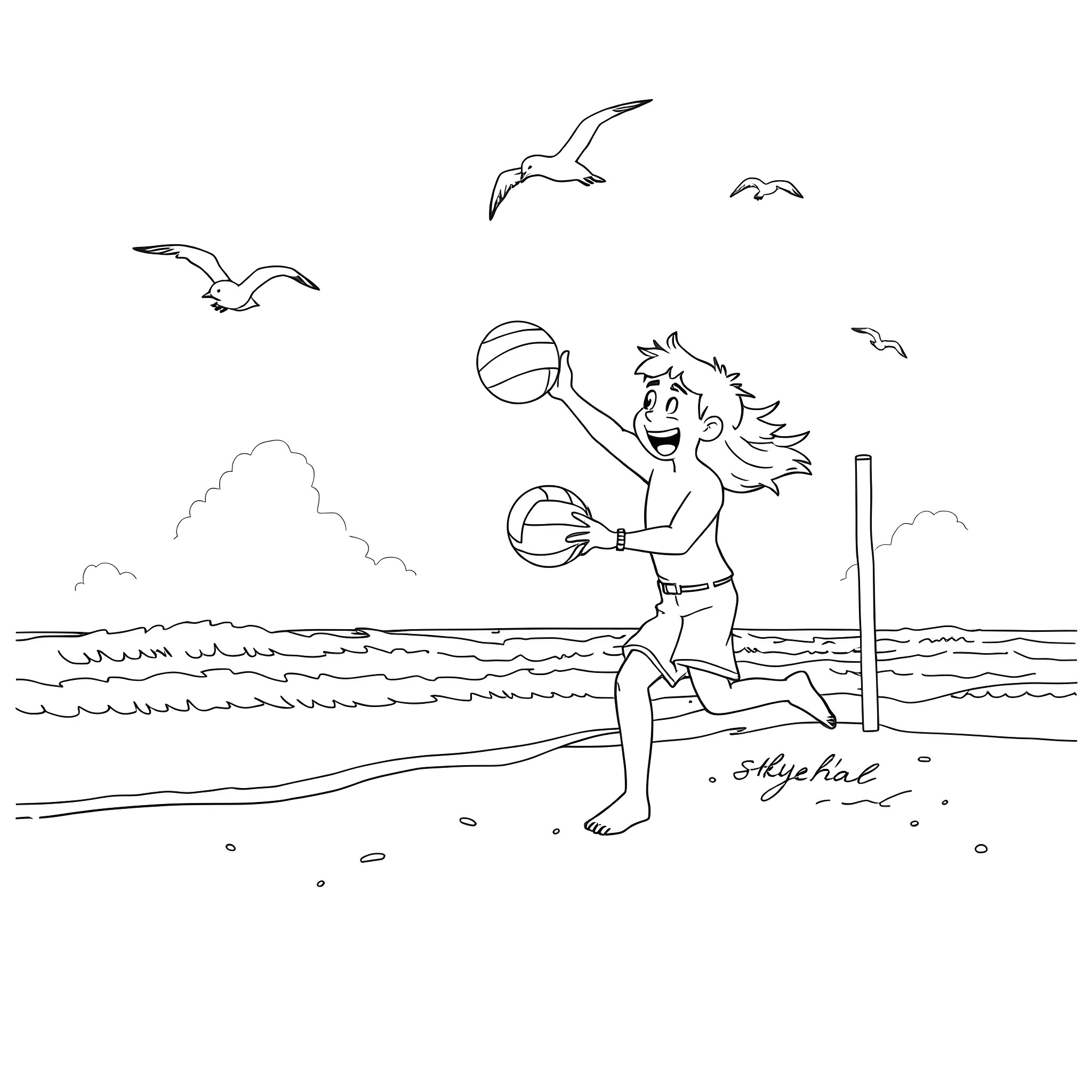 Paw Patrol character playing beach volleyball Coloring Page (free black-and-white line drawing printable PDF for all, from beginners to advanced learners, including children, teens, adults, and seniors)