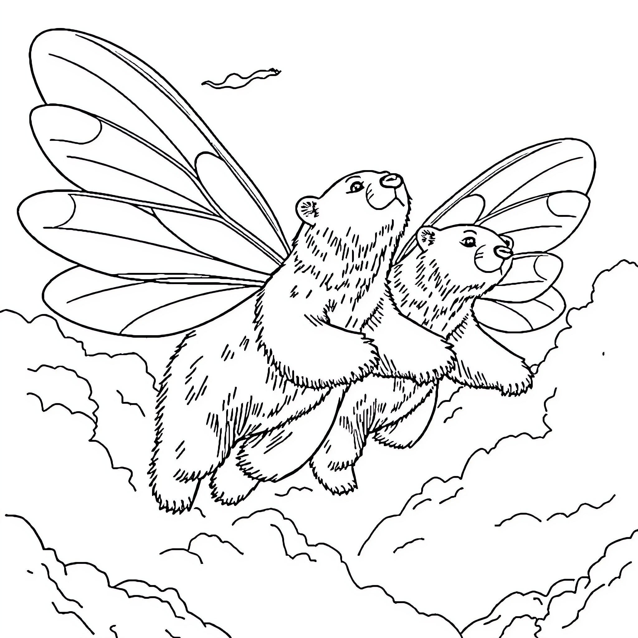Polar Bears Flying in the Clouds Coloring Page (free black-and-white line drawing printable PDF for all, from beginners to advanced learners, including children, teens, adults, and seniors)