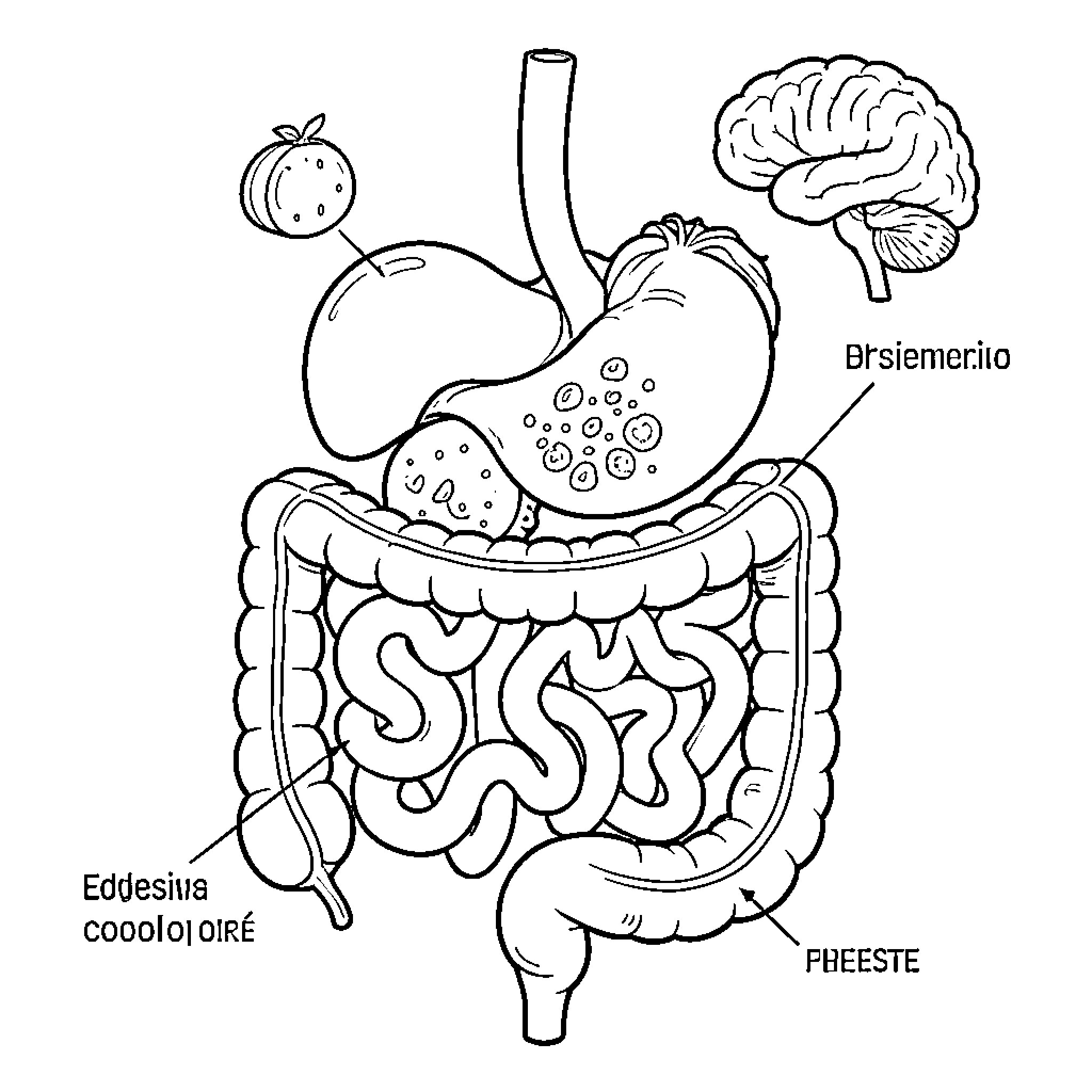 Digestive System Organs and Functions Coloring Page (free black-and-white line drawing printable PDF for all, from beginners to advanced learners, including children, teens, adults, and seniors)