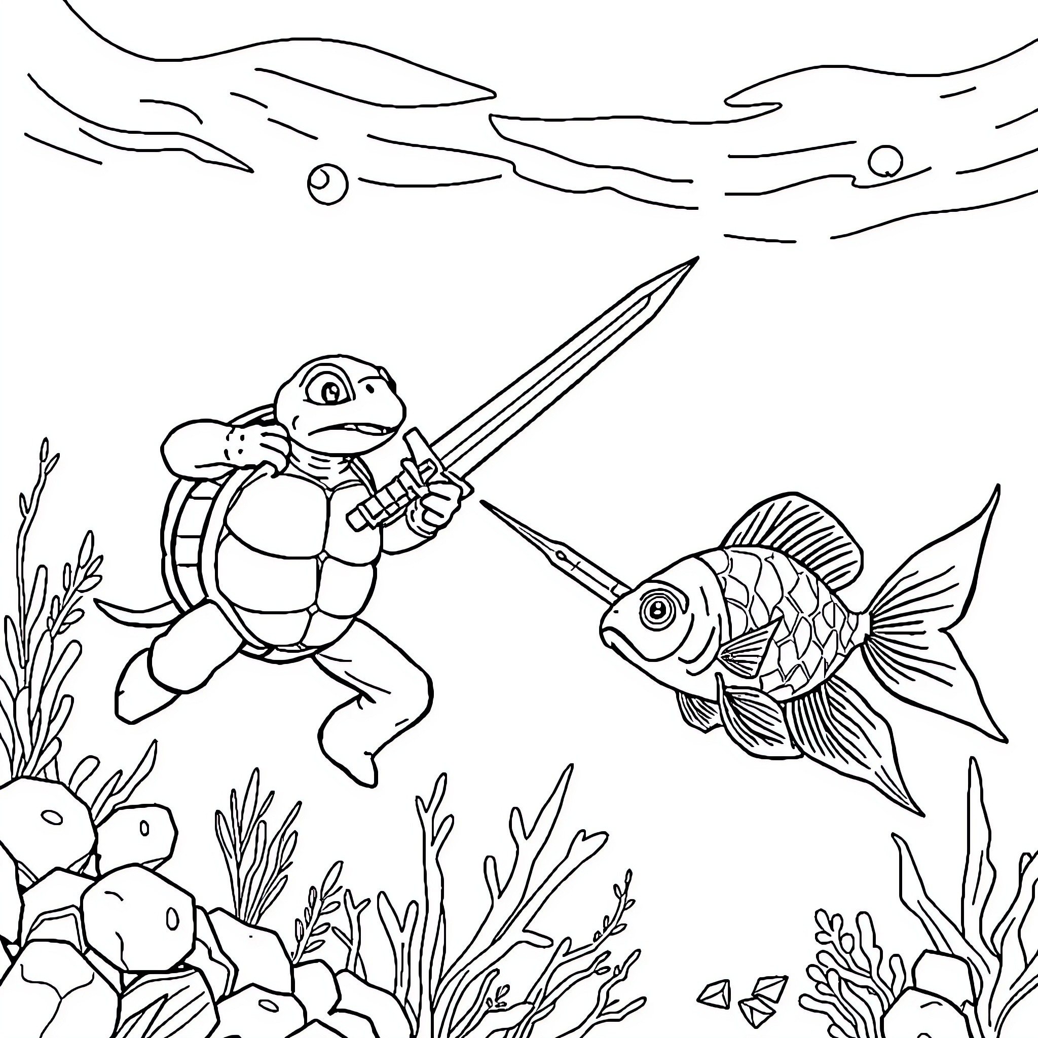 Turtle wielding a sword underwater Coloring Page (free black-and-white line drawing printable PDF for all, from beginners to advanced learners, including children, teens, adults, and seniors)