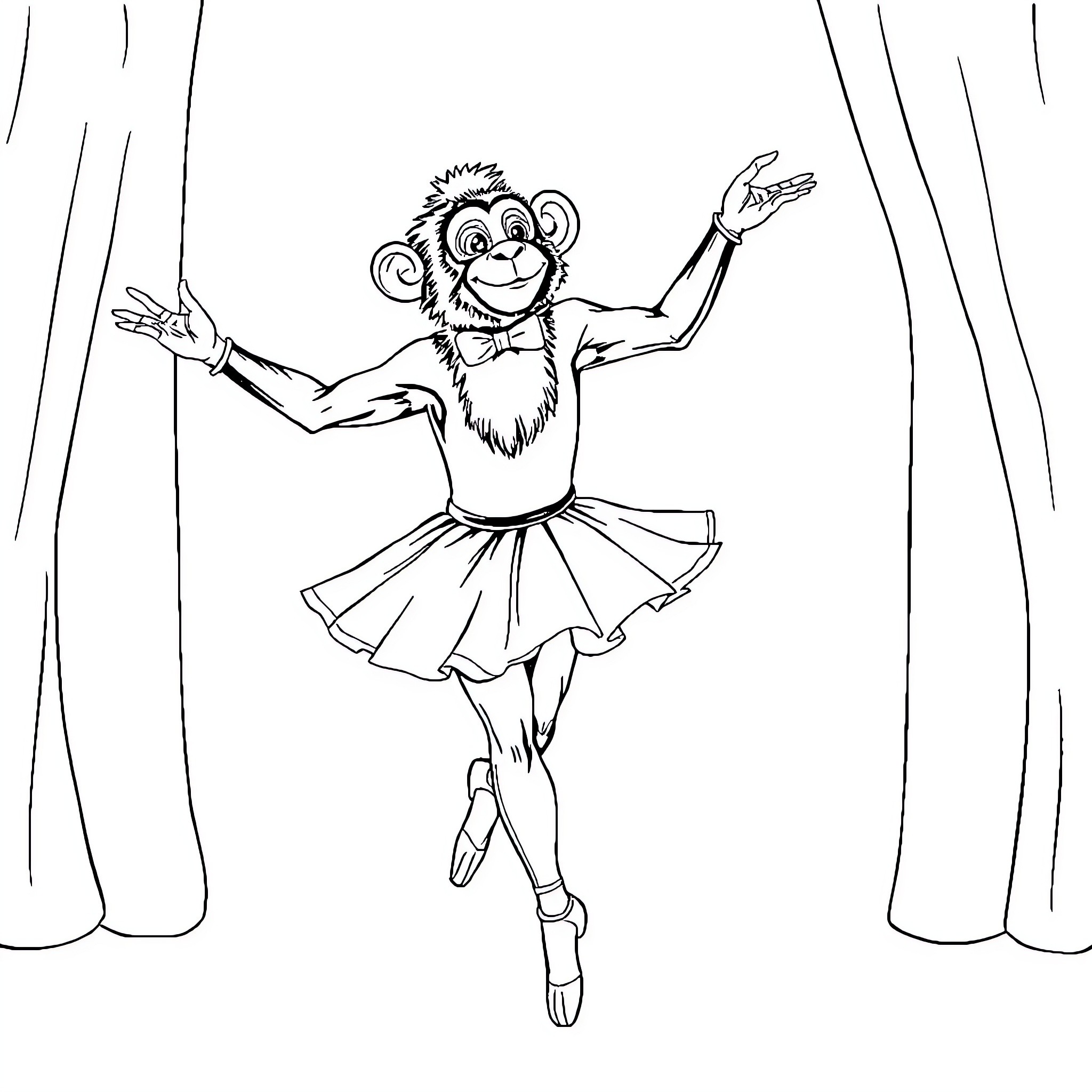 Ballerina Monkey Performing on Stage Coloring Page (free black-and-white line drawing printable PDF for all, from beginners to advanced learners, including children, teens, adults, and seniors)