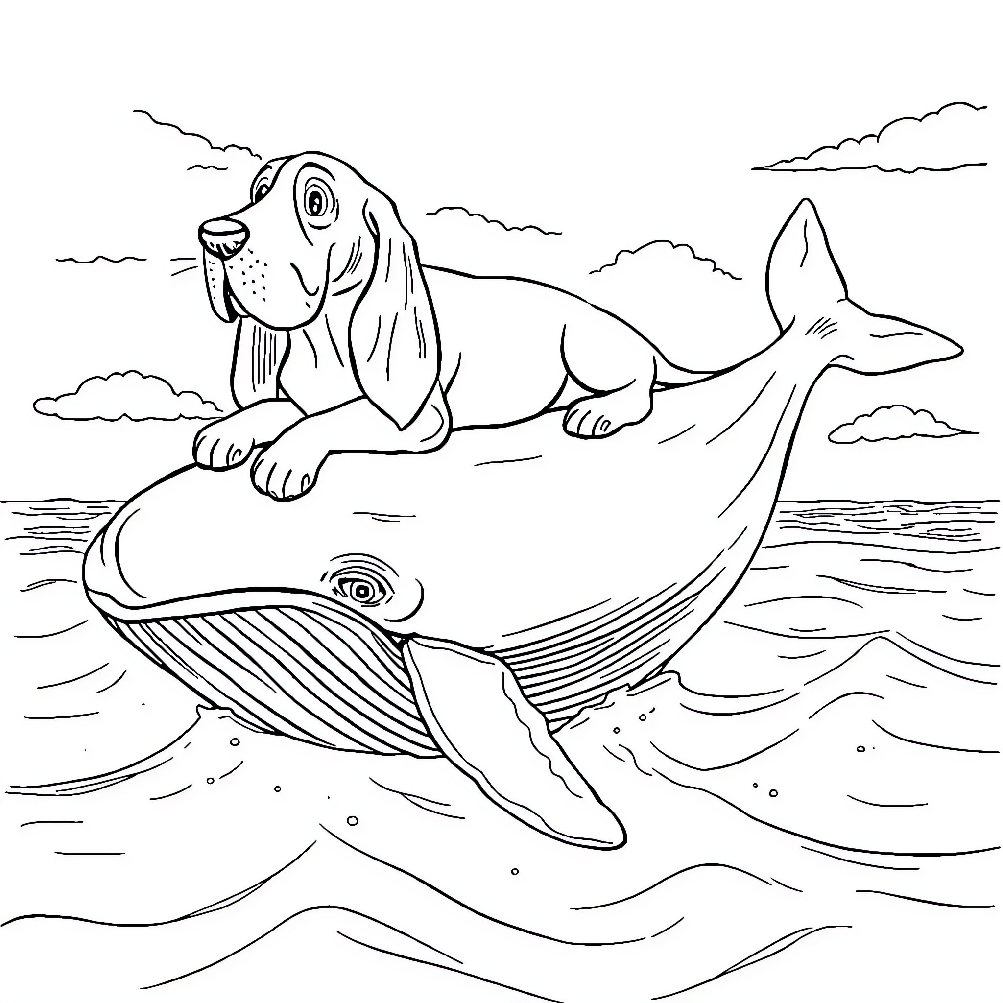 Basset Hound resting on a friendly whale Coloring Page (free black-and-white line drawing printable PDF for all, from beginners to advanced learners, including children, teens, adults, and seniors)