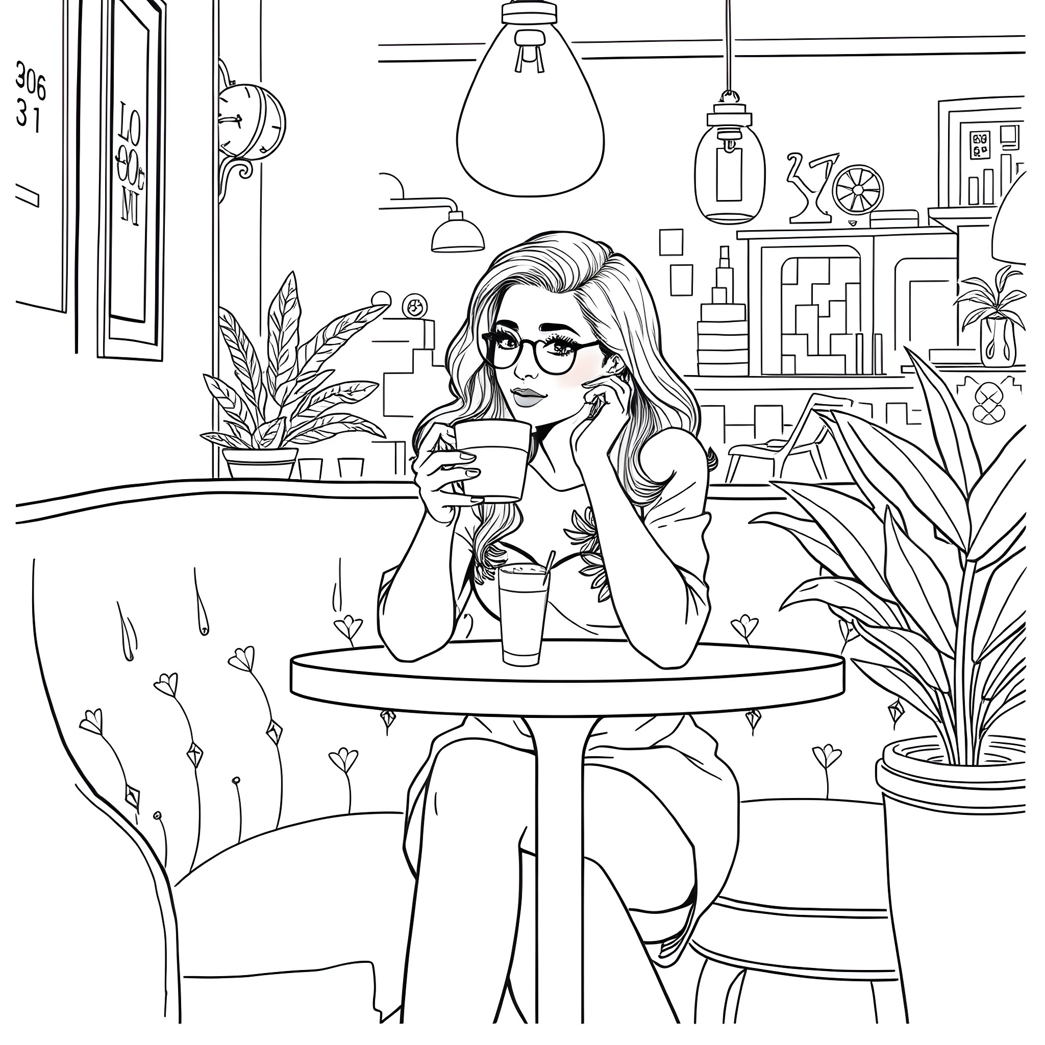 Sabrina Carpenter enjoying a coffee break in a cozy cafe Coloring Page (free black-and-white line drawing printable PDF for all, from beginners to advanced learners, including children, teens, adults, and seniors)