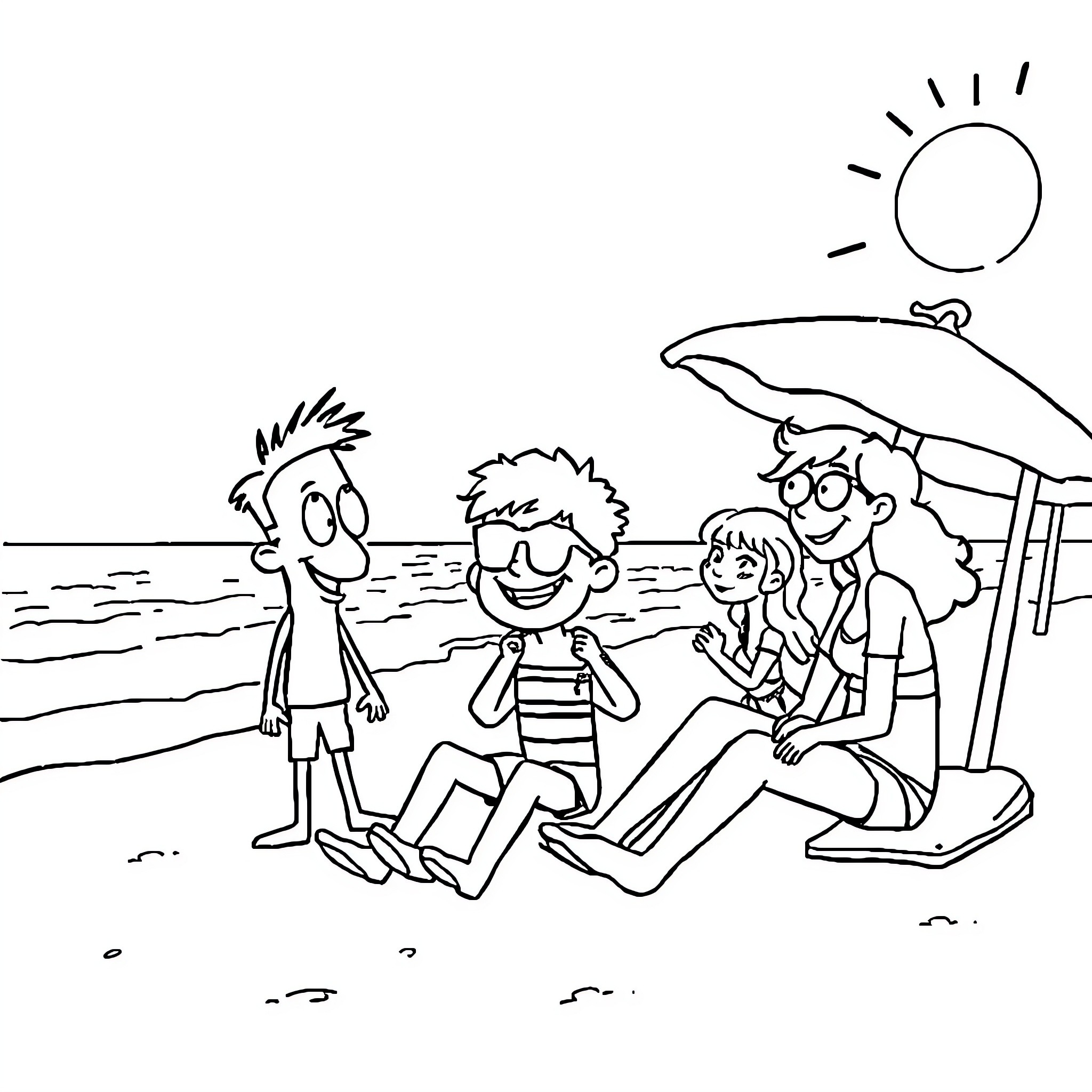 Stick figures relaxing on the beach Coloring Page (free black-and-white line drawing printable PDF for all, from beginners to advanced learners, including children, teens, adults, and seniors)
