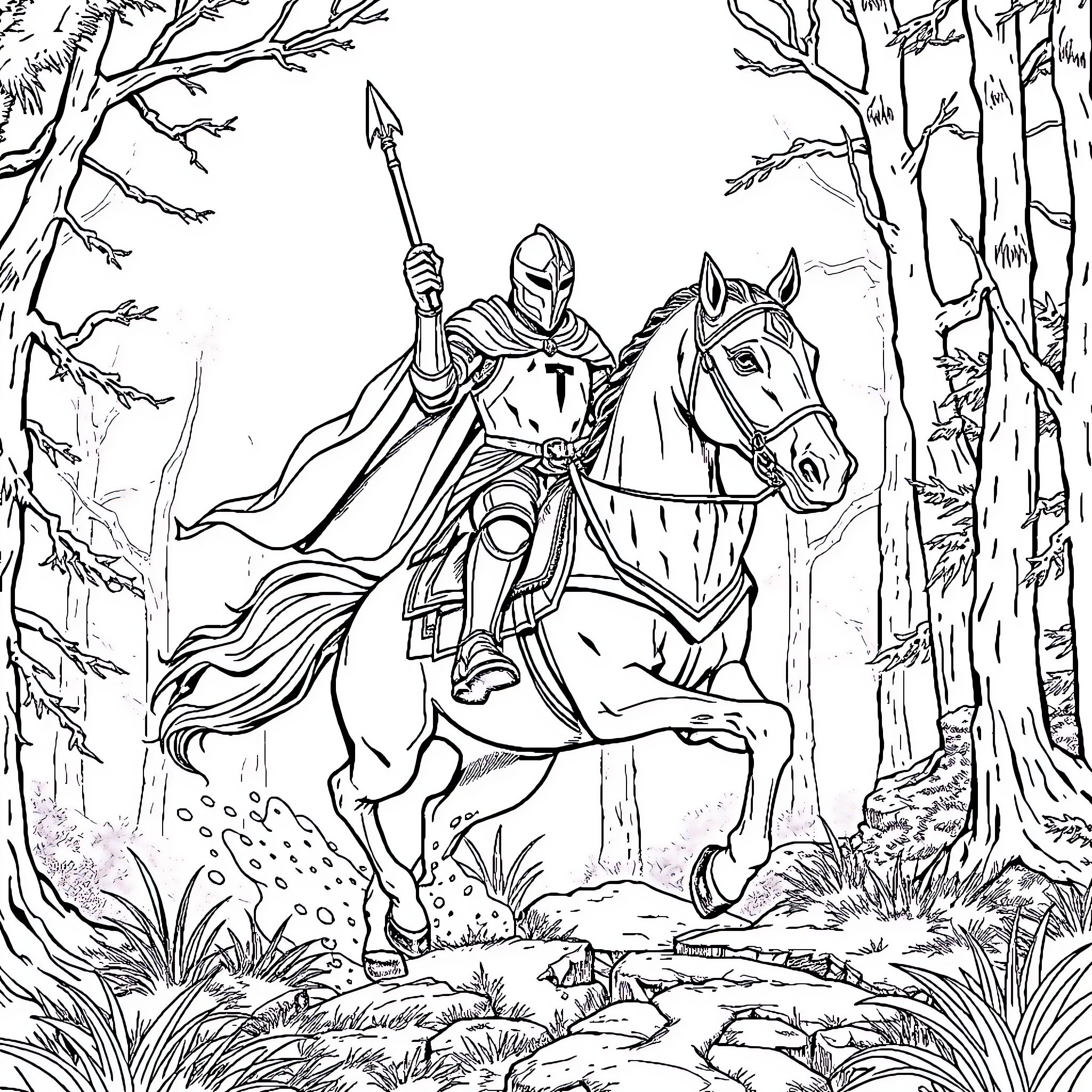 Knight Rider in Armored Pursuit through Enchanted Forest Coloring Page (free black-and-white line drawing printable PDF for all, from beginners to advanced learners, including children, teens, adults, and seniors)