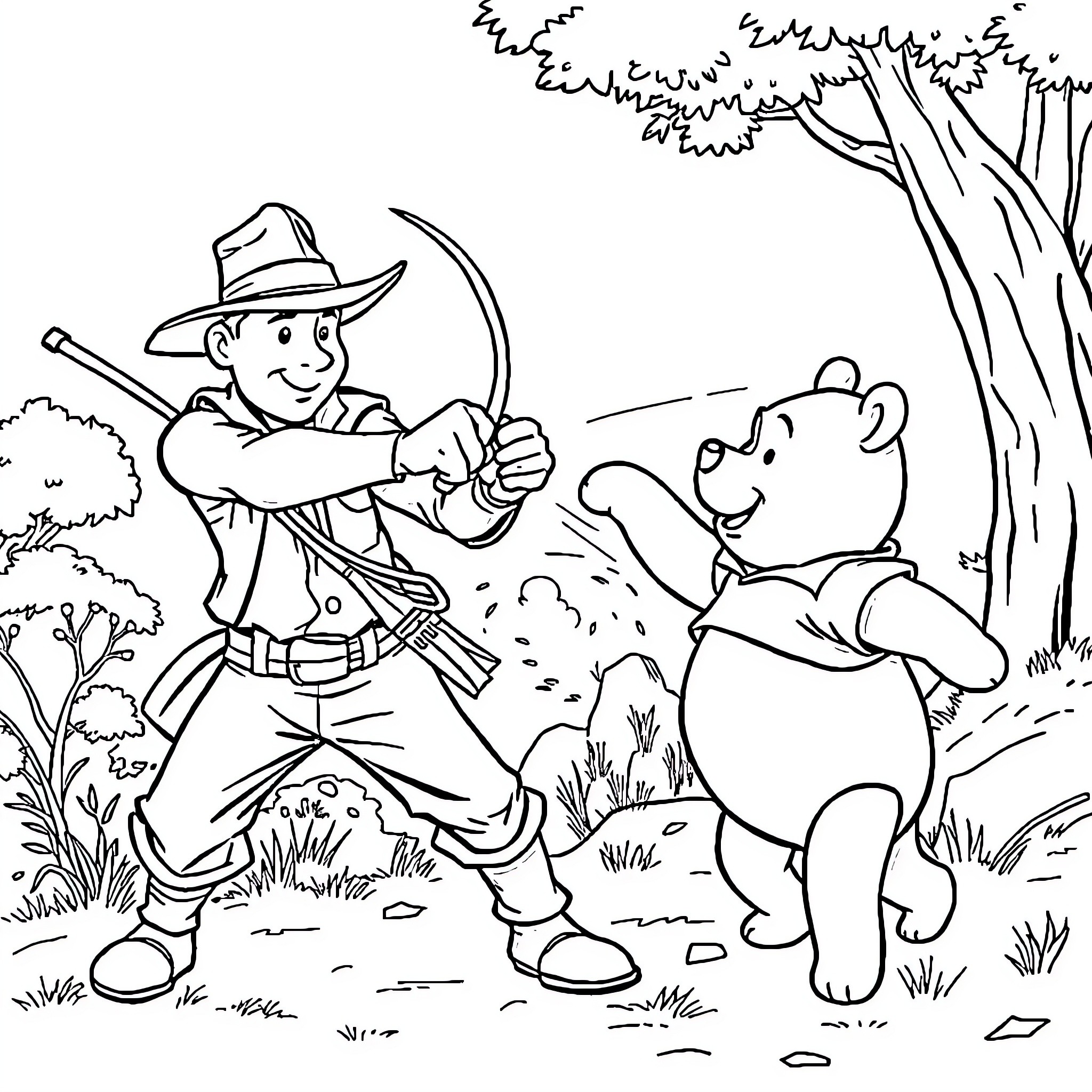 Indiana Jones exploring the wilderness with Winnie the Pooh Coloring Page (free black-and-white line drawing printable PDF for all, from beginners to advanced learners, including children, teens, adults, and seniors)