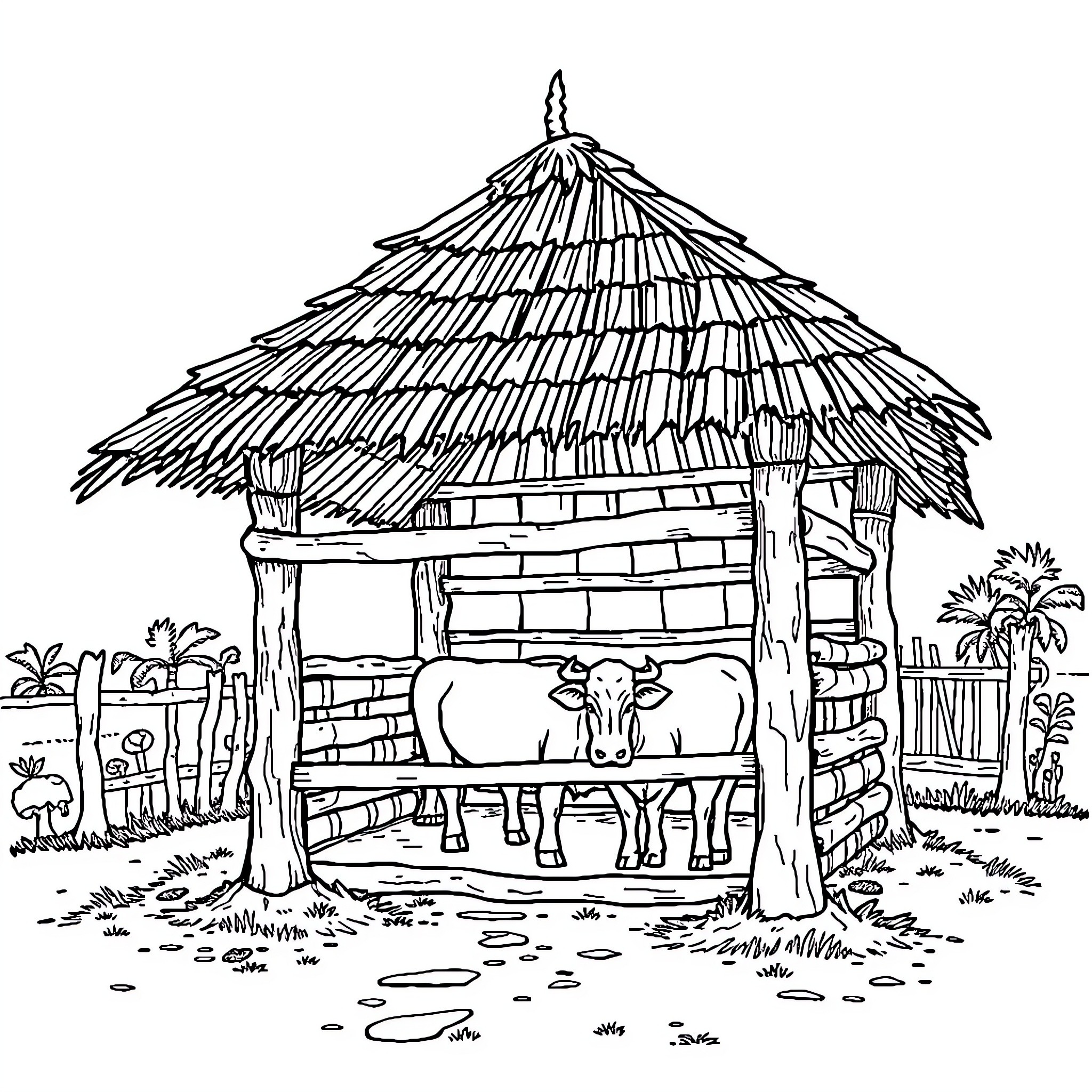 Bison resting peacefully under a thatched hut Coloring Page (free black-and-white line drawing printable PDF for all, from beginners to advanced learners, including children, teens, adults, and seniors)