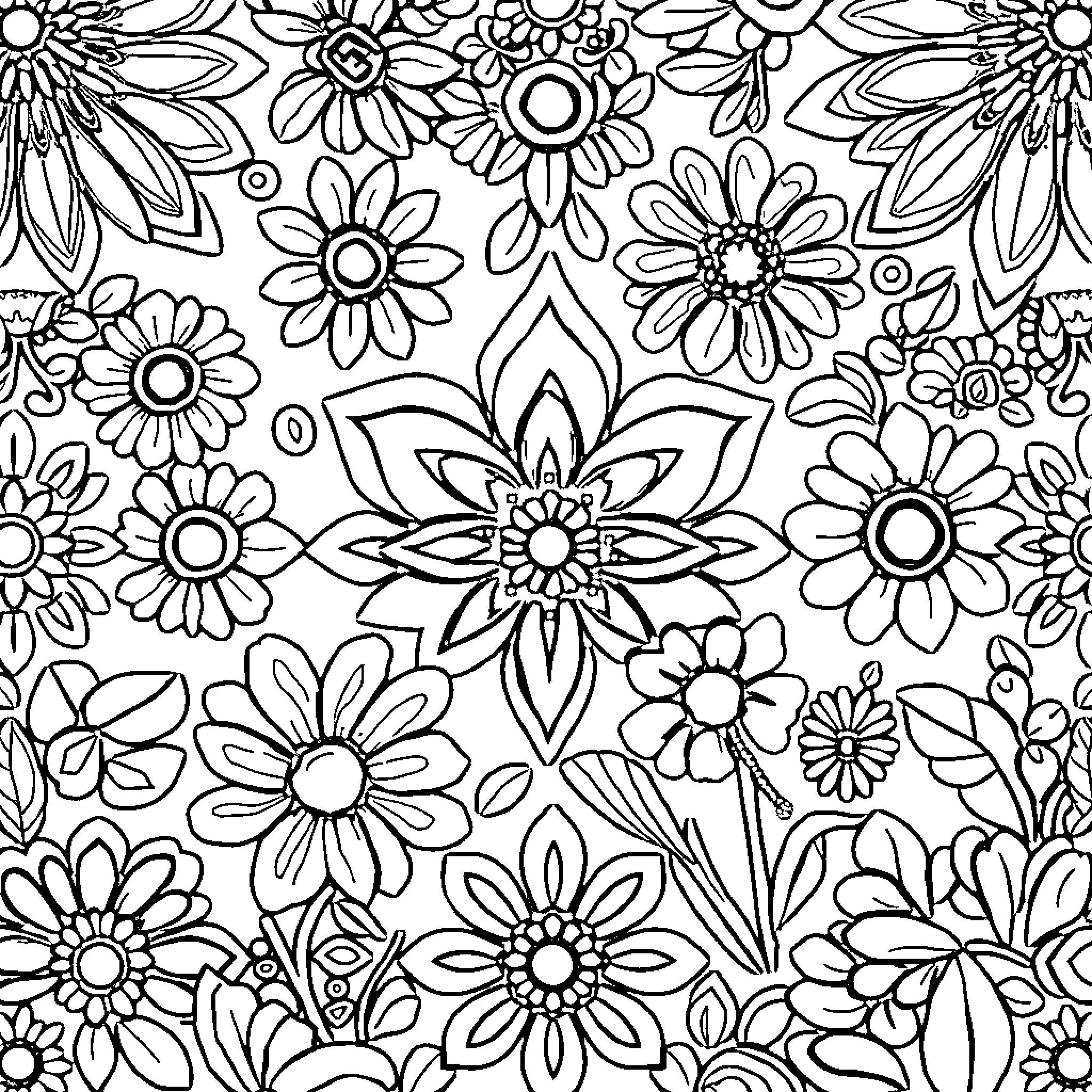 Wallpaper of Floral Patterns and Designs Coloring Page (free black-and-white line drawing printable PDF for all, from beginners to advanced learners, including children, teens, adults, and seniors)
