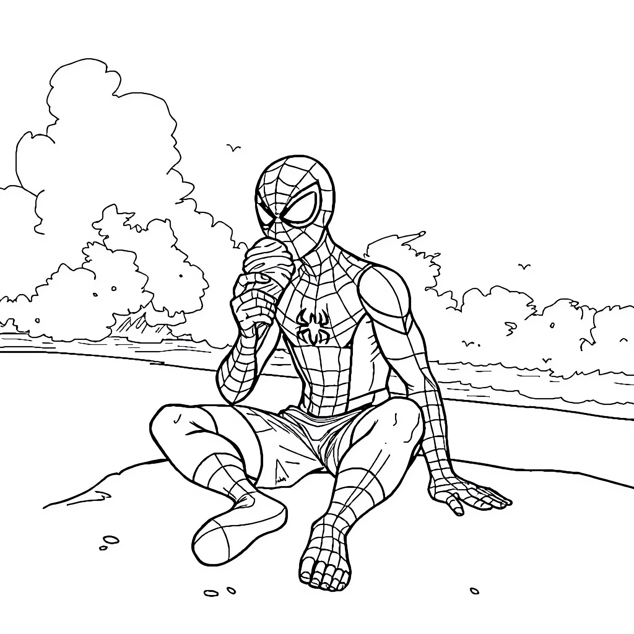 Spider-Man sitting and thinking on the beach Coloring Page (free black-and-white line drawing printable PDF for all, from beginners to advanced learners, including children, teens, adults, and seniors)