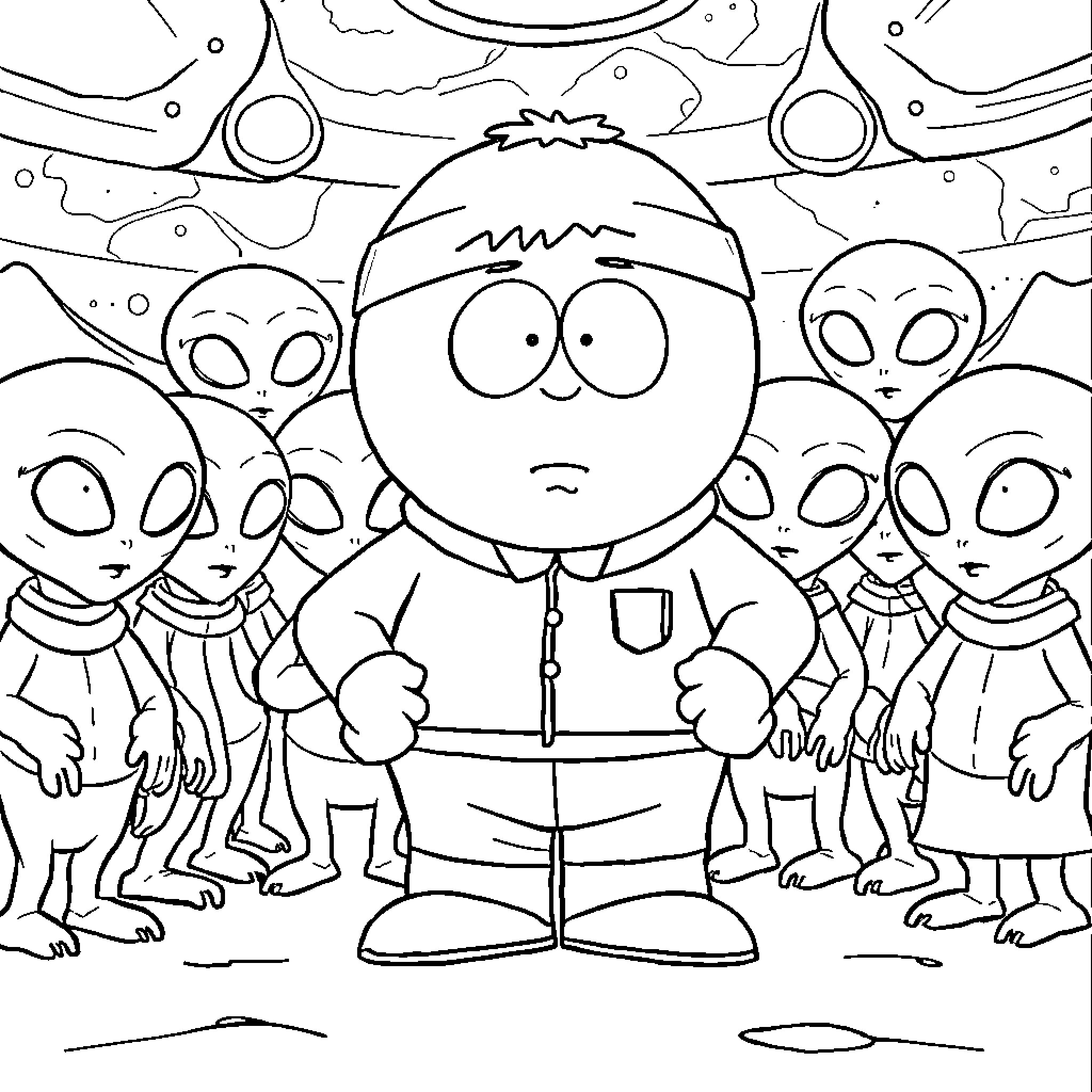 Cartman Surrounded by Alien-Like Creatures Coloring Page (free black-and-white line drawing printable PDF for all, from beginners to advanced learners, including children, teens, adults, and seniors)