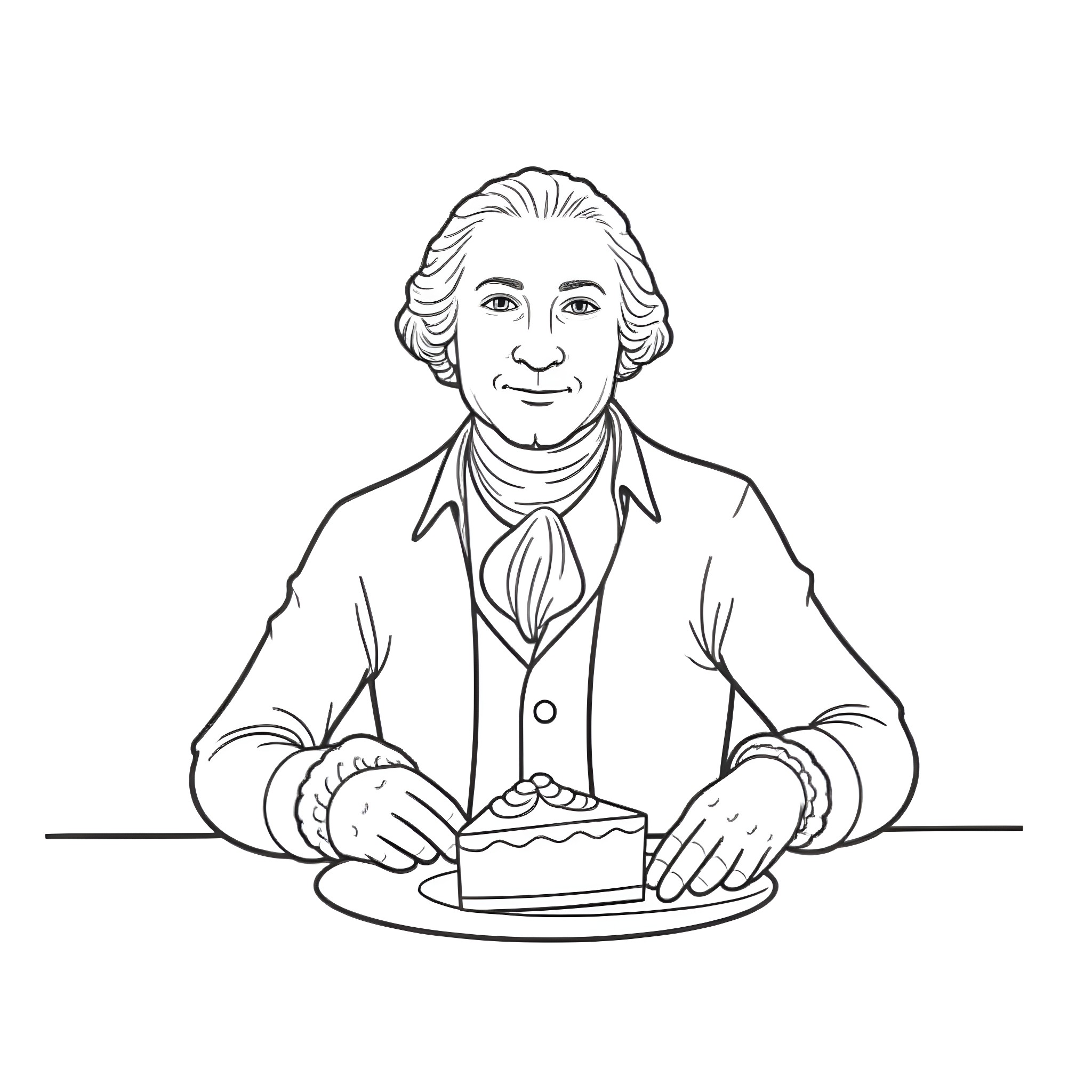 George Washington enjoying a slice of cake Coloring Page (free black-and-white line drawing printable PDF for all, from beginners to advanced learners, including children, teens, adults, and seniors)