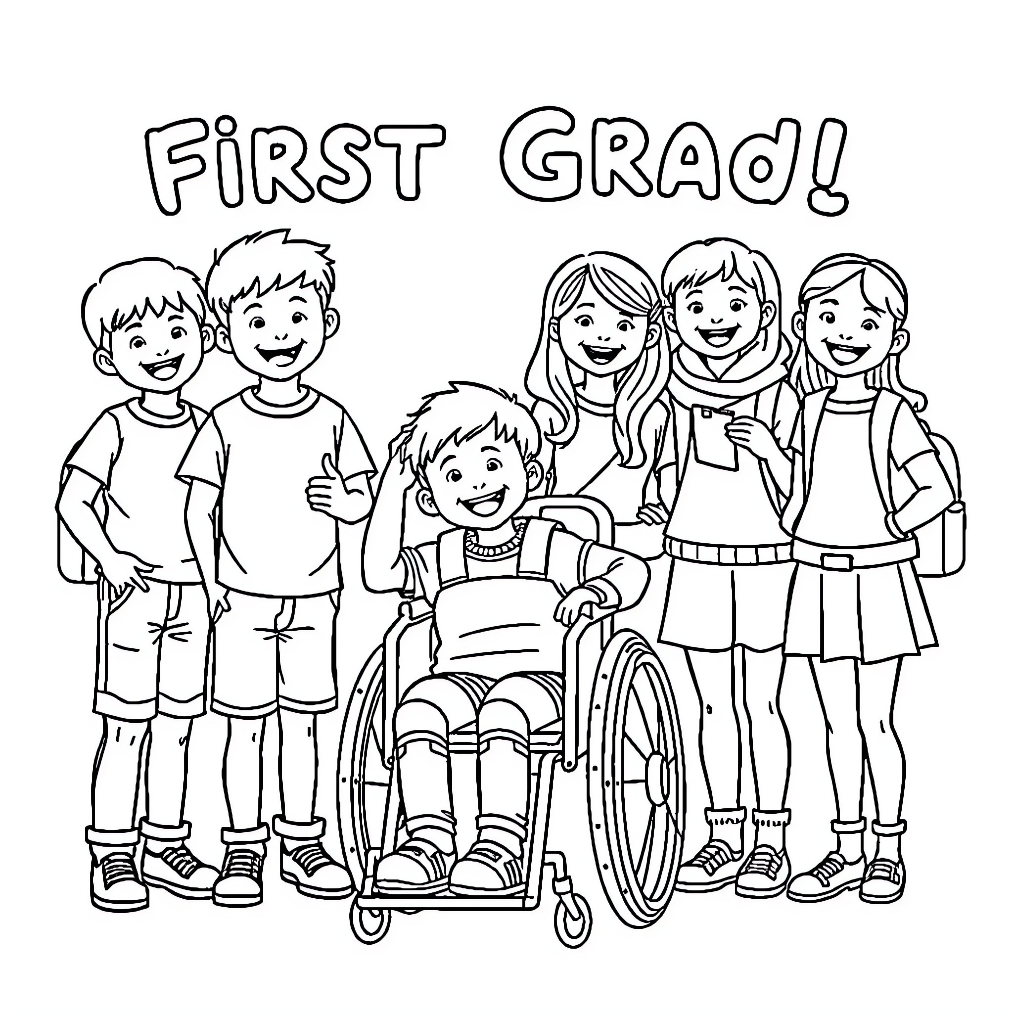 Students starting first grade together Coloring Page (free black-and-white line drawing printable PDF for all, from beginners to advanced learners, including children, teens, adults, and seniors)