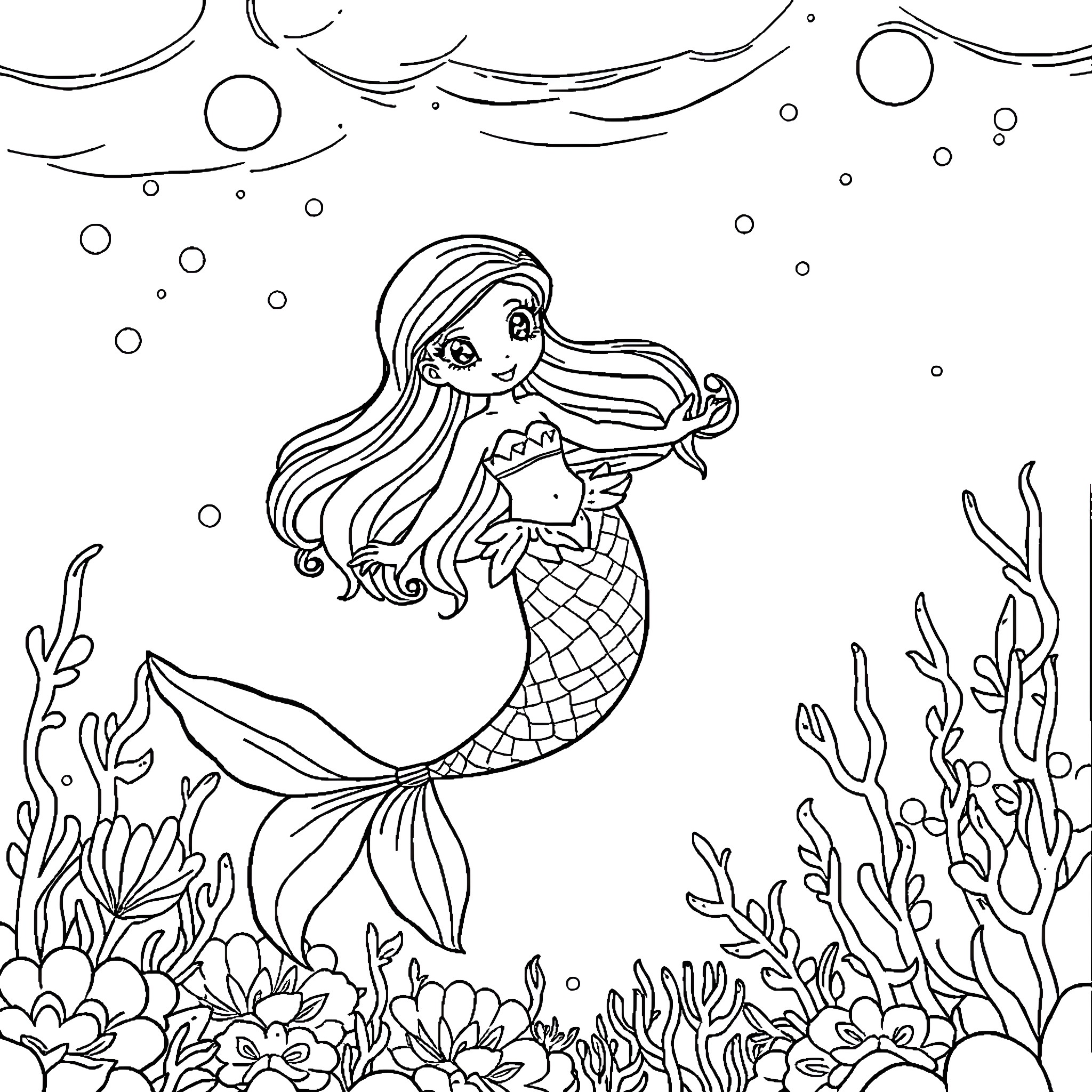 Mermaid swimming gracefully in the underwater world Coloring Page (free black-and-white line drawing printable PDF for all, from beginners to advanced learners, including children, teens, adults, and seniors)