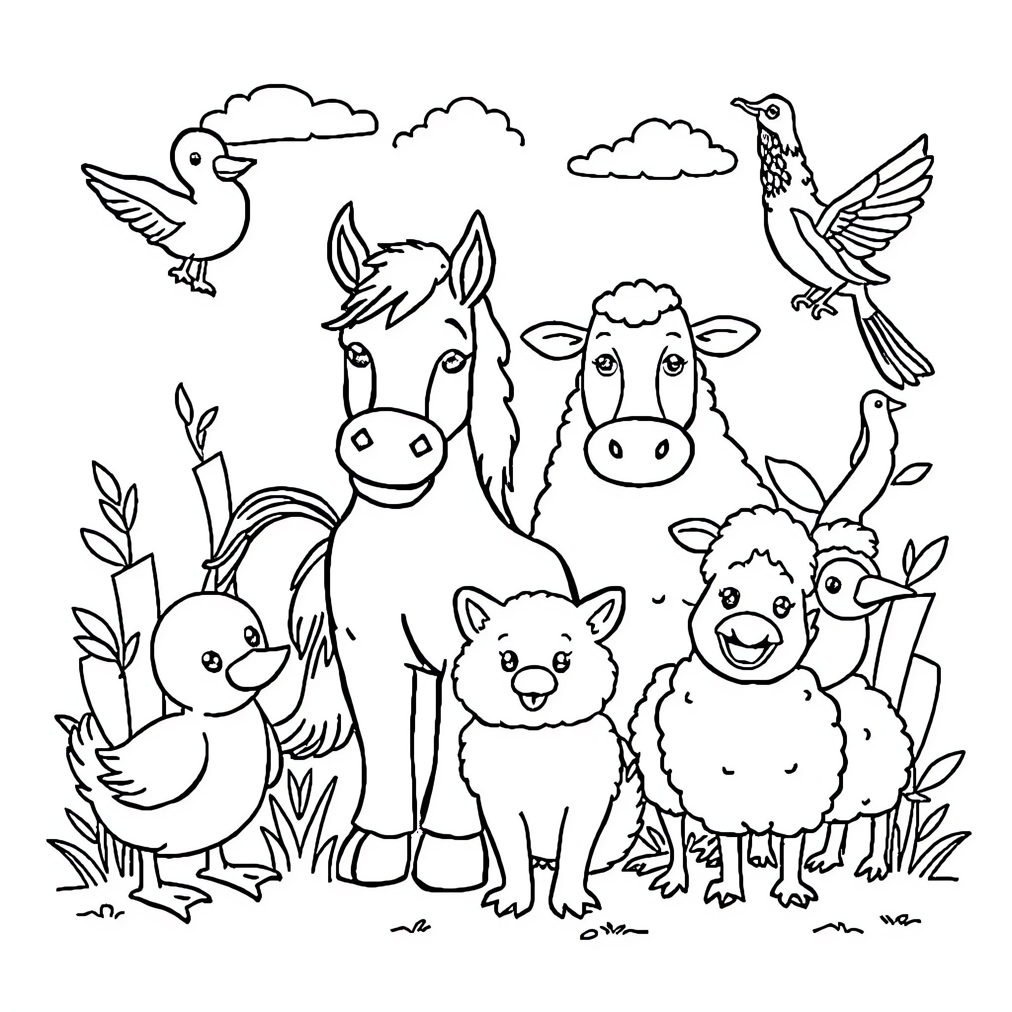 Farm Animal Gathering with Diverse Creatures Coloring Page (free black-and-white line drawing printable PDF for all, from beginners to advanced learners, including children, teens, adults, and seniors)