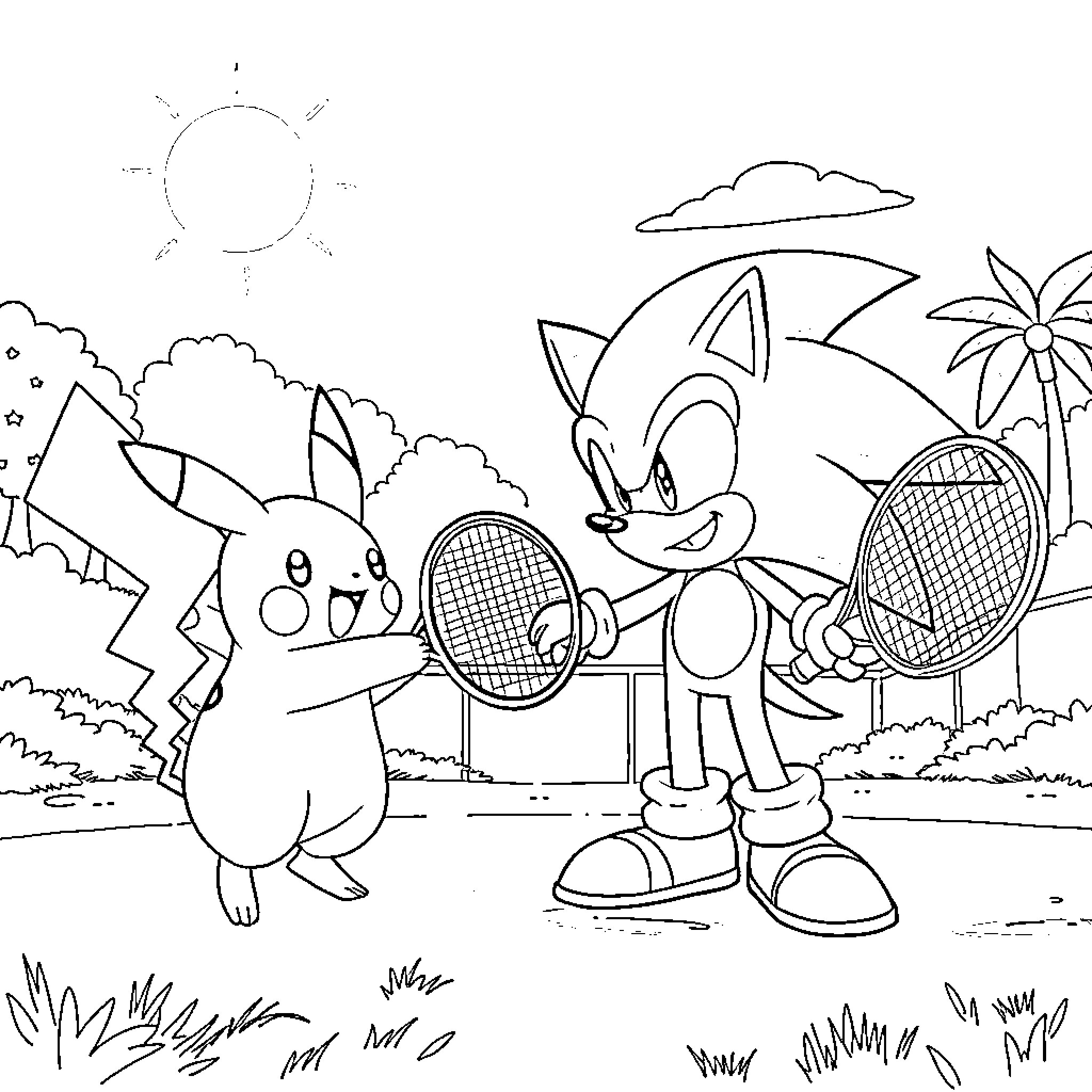 Pikachu and Sonic playing tennis in the park Coloring Page (free black-and-white line drawing printable PDF for all, from beginners to advanced learners, including children, teens, adults, and seniors)