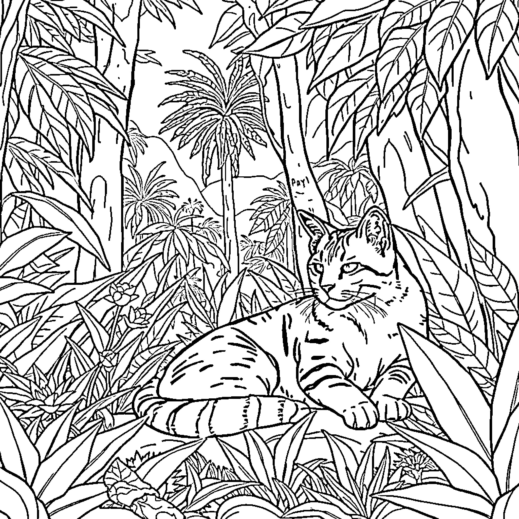 Cat Exploring Lush Tropical Foliage Coloring Page (free black-and-white line drawing printable PDF for all, from beginners to advanced learners, including children, teens, adults, and seniors)