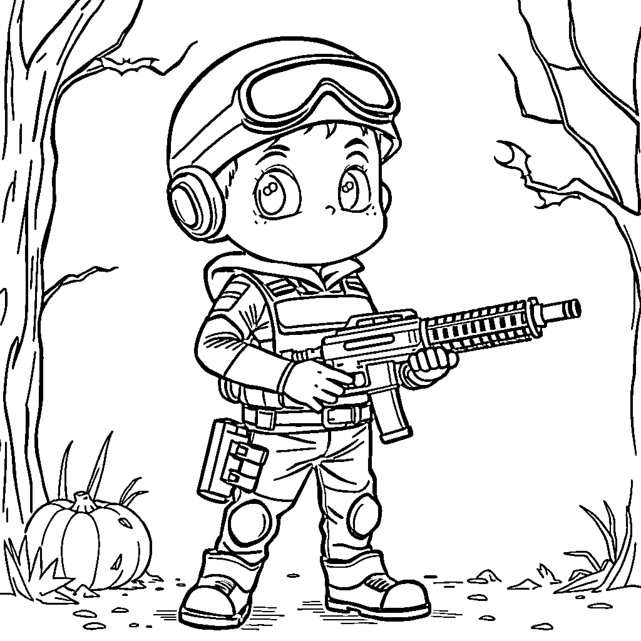 Kid in military gear with weapon in the woods Coloring Page (free black-and-white line drawing printable PDF for all, from beginners to advanced learners, including children, teens, adults, and seniors)