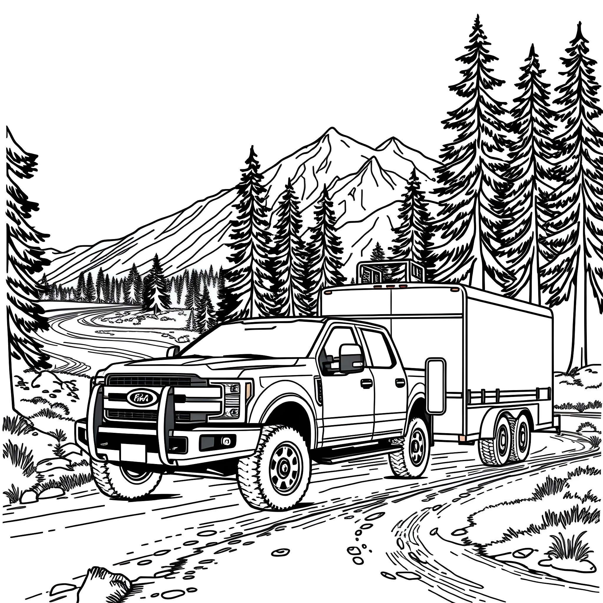 Pickup truck towing trailer in rugged mountain landscape Coloring Page (free black-and-white line drawing printable PDF for all, from beginners to advanced learners, including children, teens, adults, and seniors)