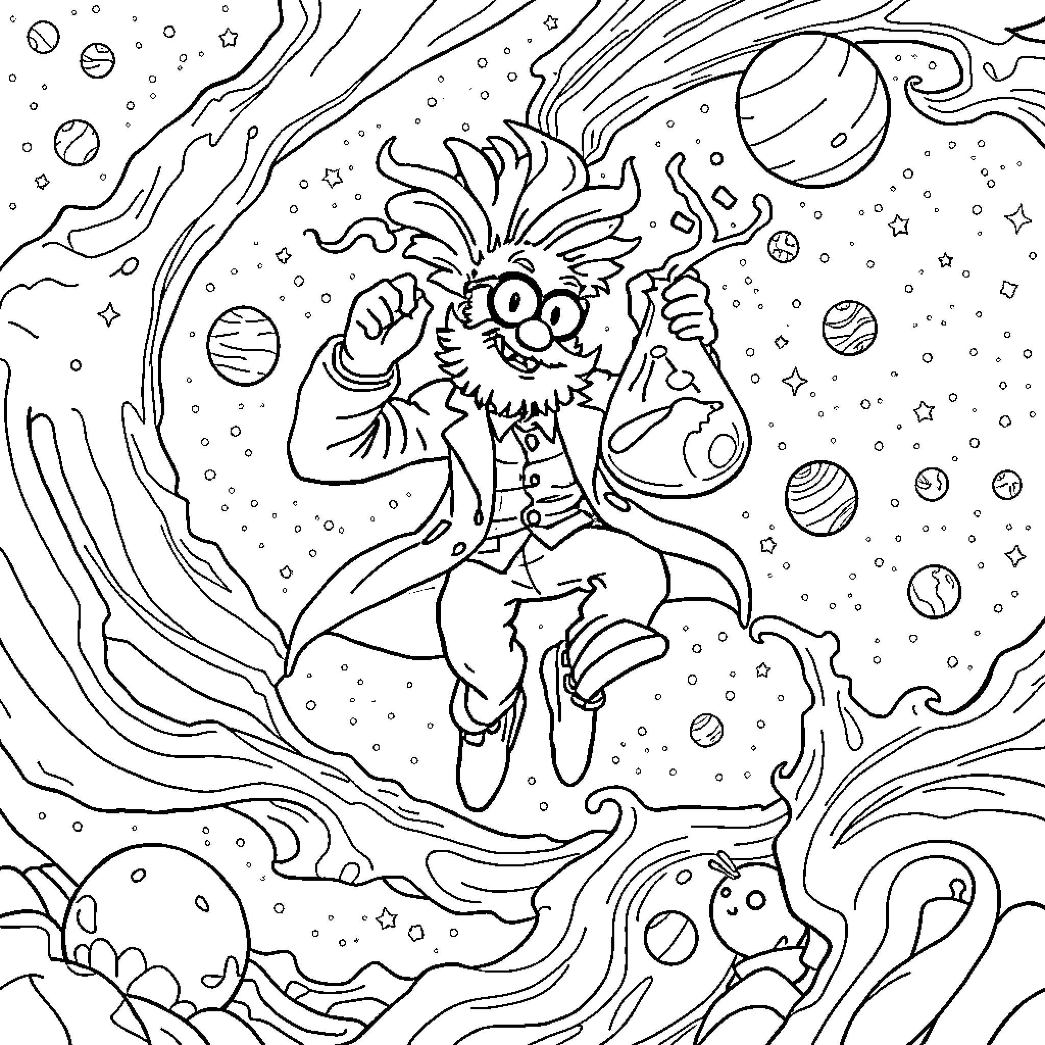 Mad Scientist's Cosmic Laboratory Coloring Page (free black-and-white line drawing printable PDF for all, from beginners to advanced learners, including children, teens, adults, and seniors)