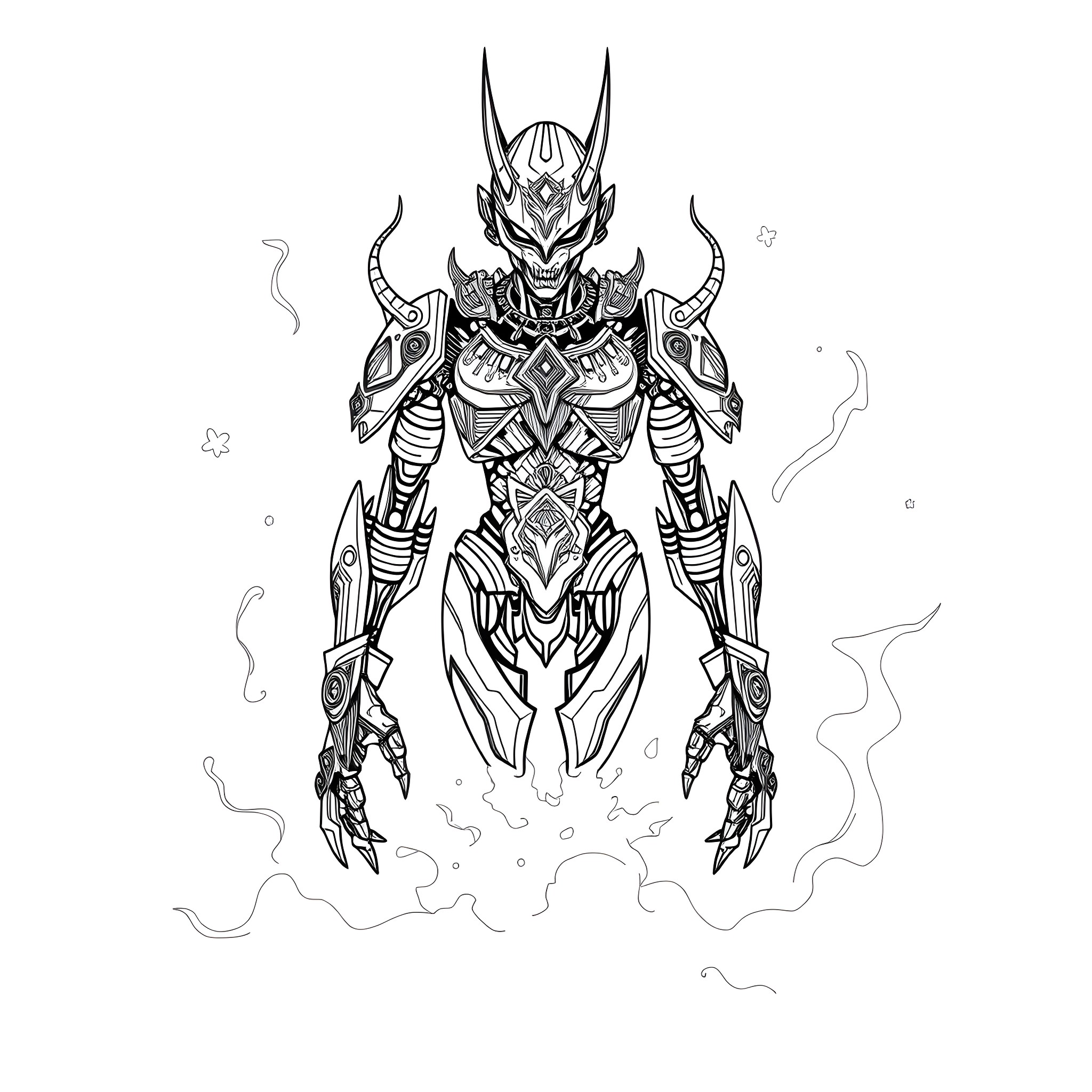 Mystallo - Armored Warrior Surrounded by Ethereal Energy Coloring Page (free black-and-white line drawing printable PDF for all, from beginners to advanced learners, including children, teens, adults, and seniors)