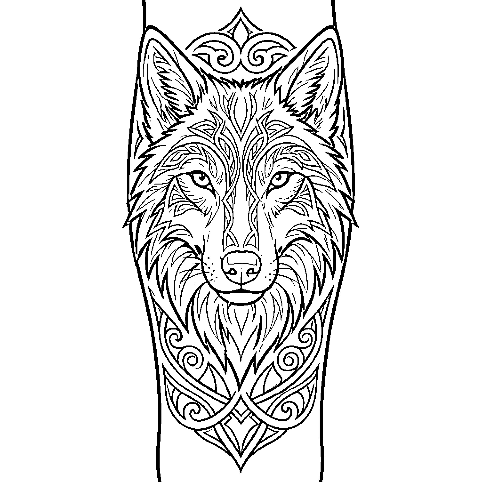 Wolf head featuring intricate tribal patterns and details Coloring Page (free black-and-white line drawing printable PDF for all, from beginners to advanced learners, including children, teens, adults, and seniors)