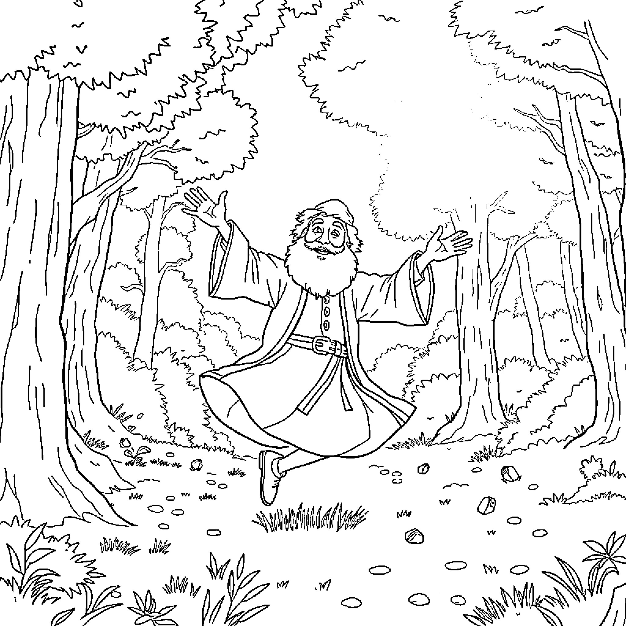 Tom Bombadil dancing joyfully in the enchanted forest Coloring Page (free black-and-white line drawing printable PDF for all, from beginners to advanced learners, including children, teens, adults, and seniors)