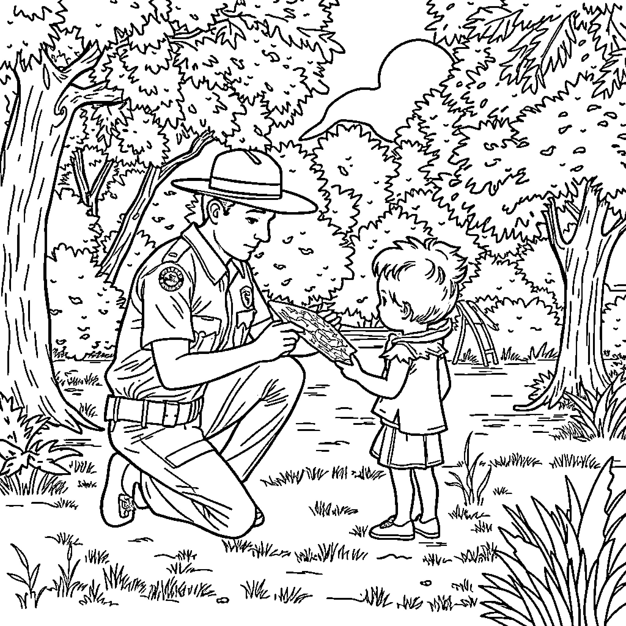 Ranger teaching nature to young hiker Coloring Page (free black-and-white line drawing printable PDF for all, from beginners to advanced learners, including children, teens, adults, and seniors)