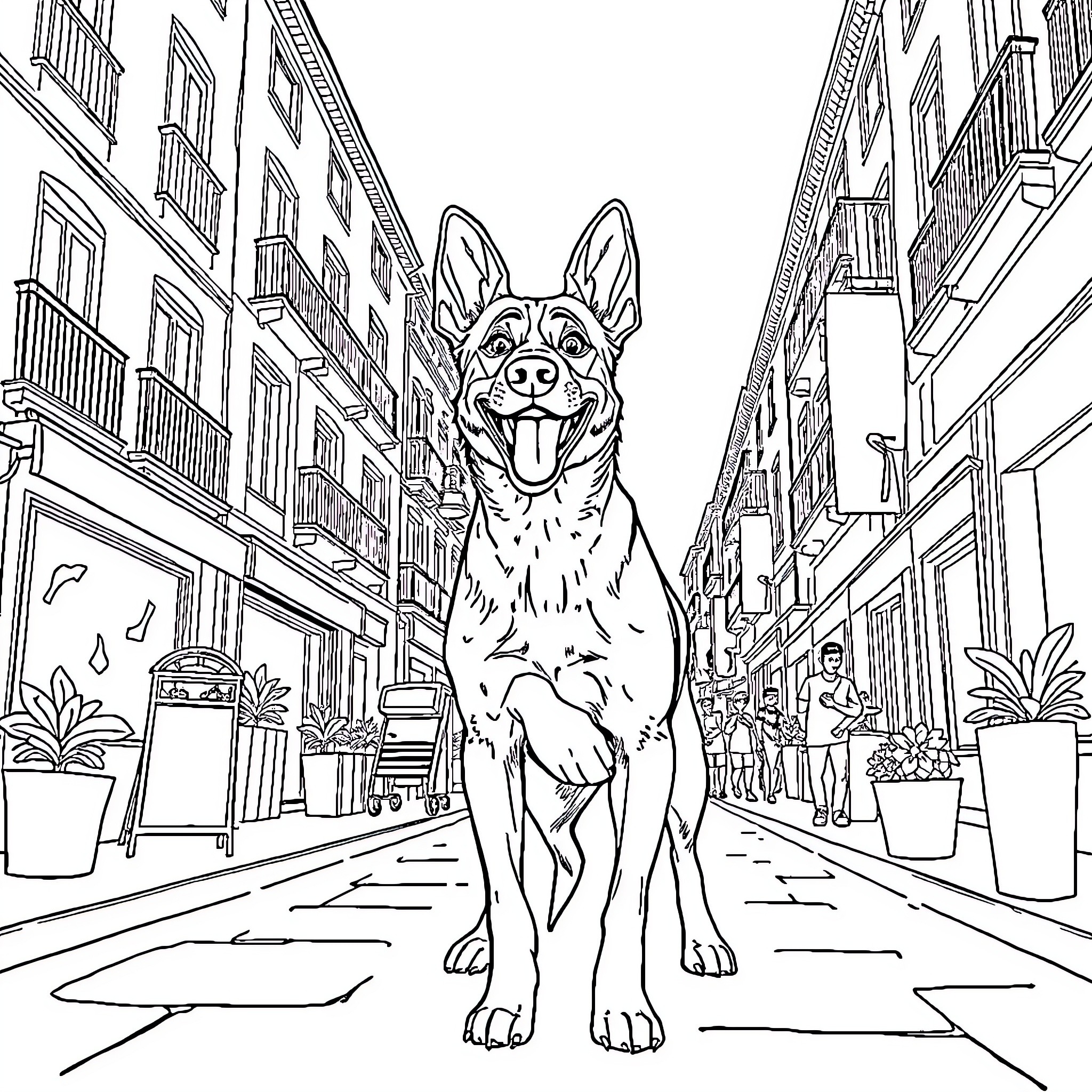 Malinois dog exploring the city streets Coloring Page (free black-and-white line drawing printable PDF for all, from beginners to advanced learners, including children, teens, adults, and seniors)