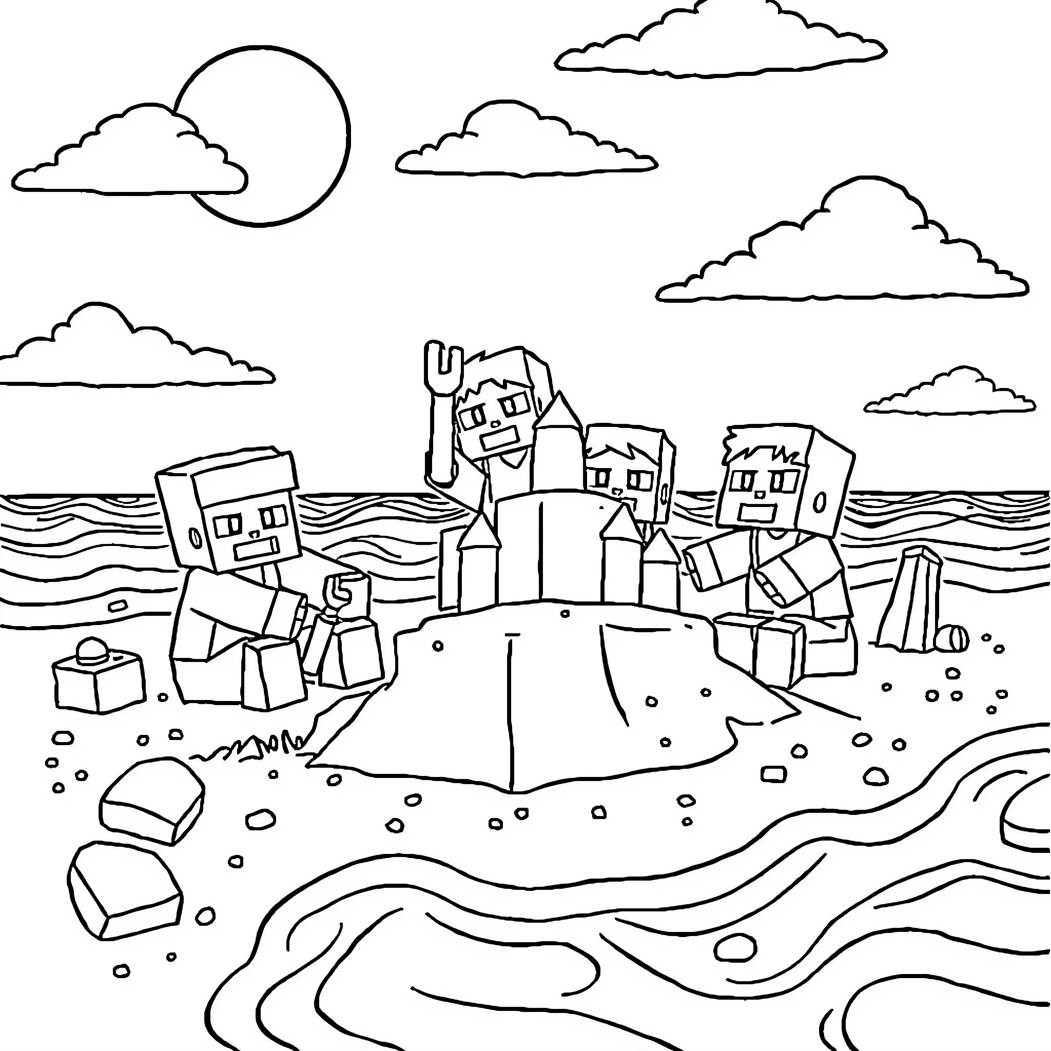 Minecraft characters building a sandcastle on the beach Coloring Page (free black-and-white line drawing printable PDF for all, from beginners to advanced learners, including children, teens, adults, and seniors)