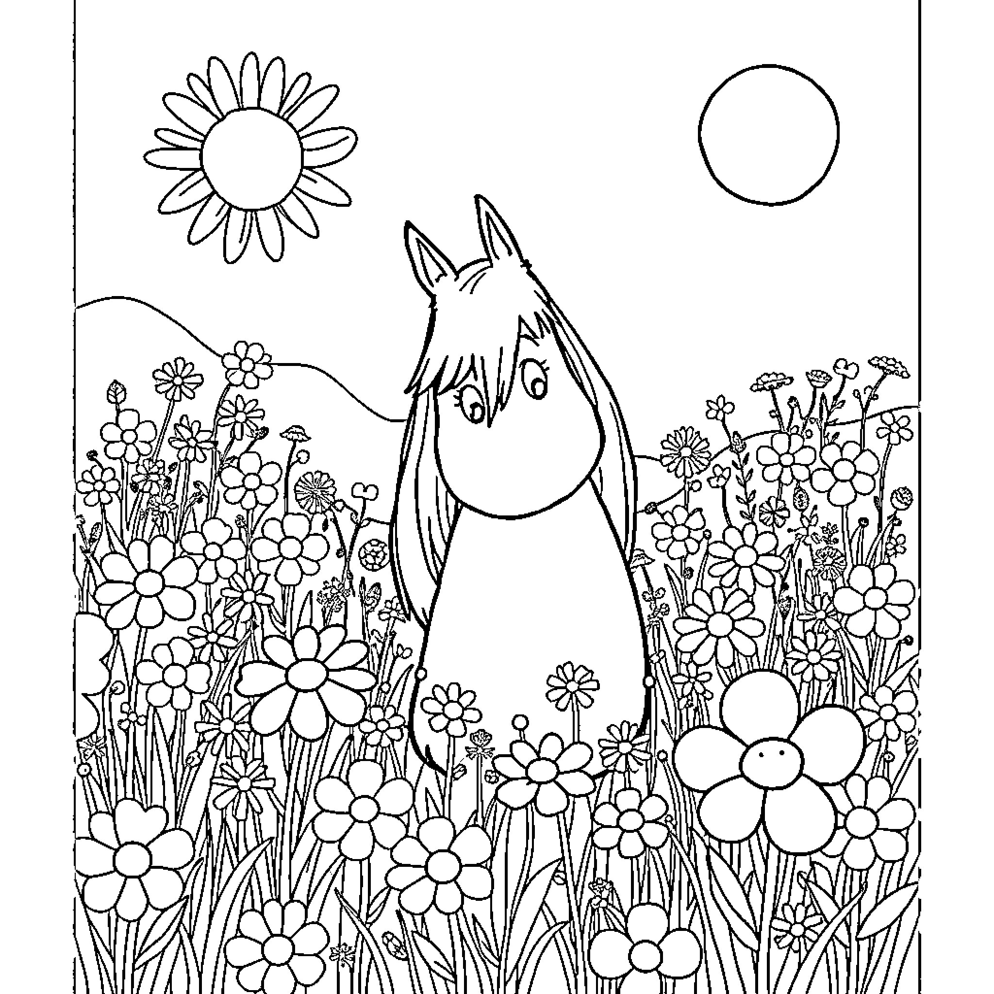 Snorkmaiden surrounded by flowers in a whimsical garden Coloring Page (free black-and-white line drawing printable PDF for all, from beginners to advanced learners, including children, teens, adults, and seniors)