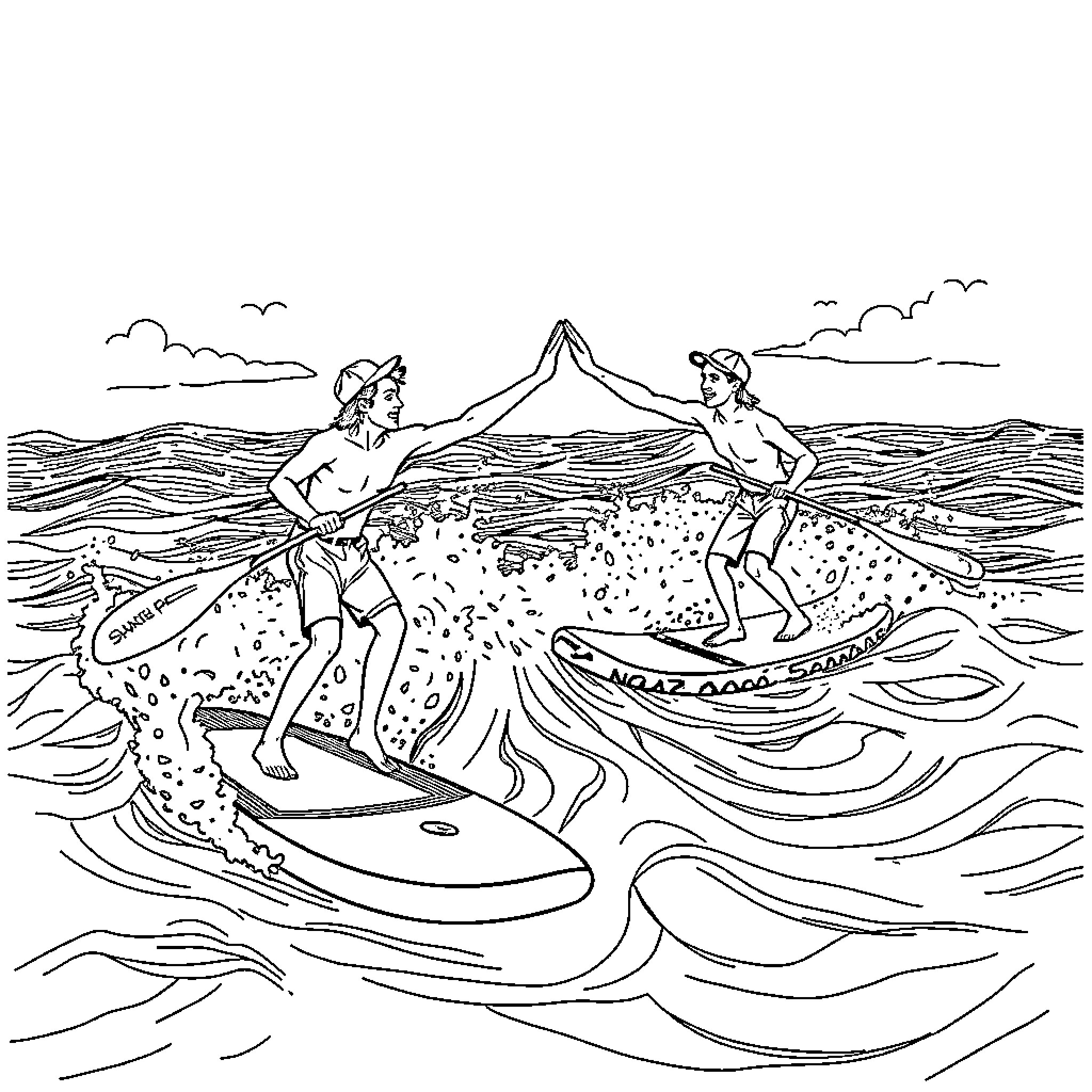 Paddleboarders enjoying a day on the waves Coloring Page (free black-and-white line drawing printable PDF for all, from beginners to advanced learners, including children, teens, adults, and seniors)