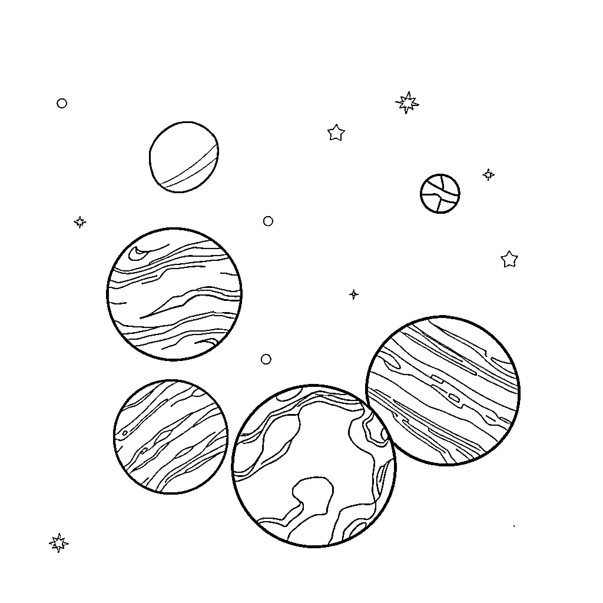 Planet Exploration through Celestial Spheres Coloring Page (free black-and-white line drawing printable PDF for all, from beginners to advanced learners, including children, teens, adults, and seniors)