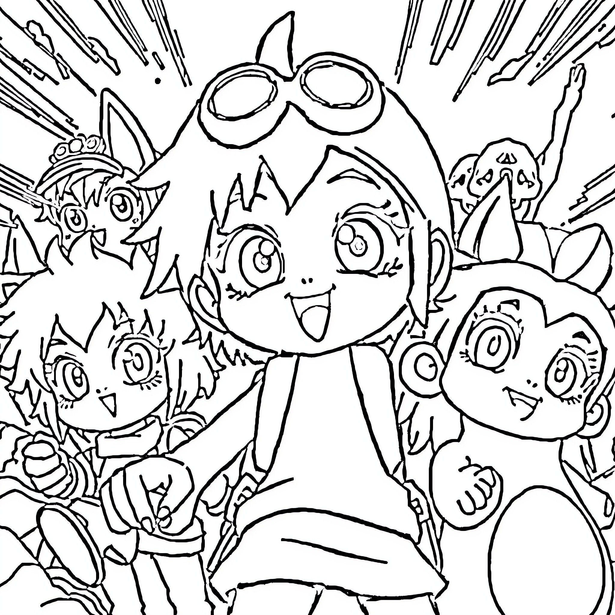 Anime Characters in Playful Expressions Coloring Page (free black-and-white line drawing printable PDF for all, from beginners to advanced learners, including children, teens, adults, and seniors)