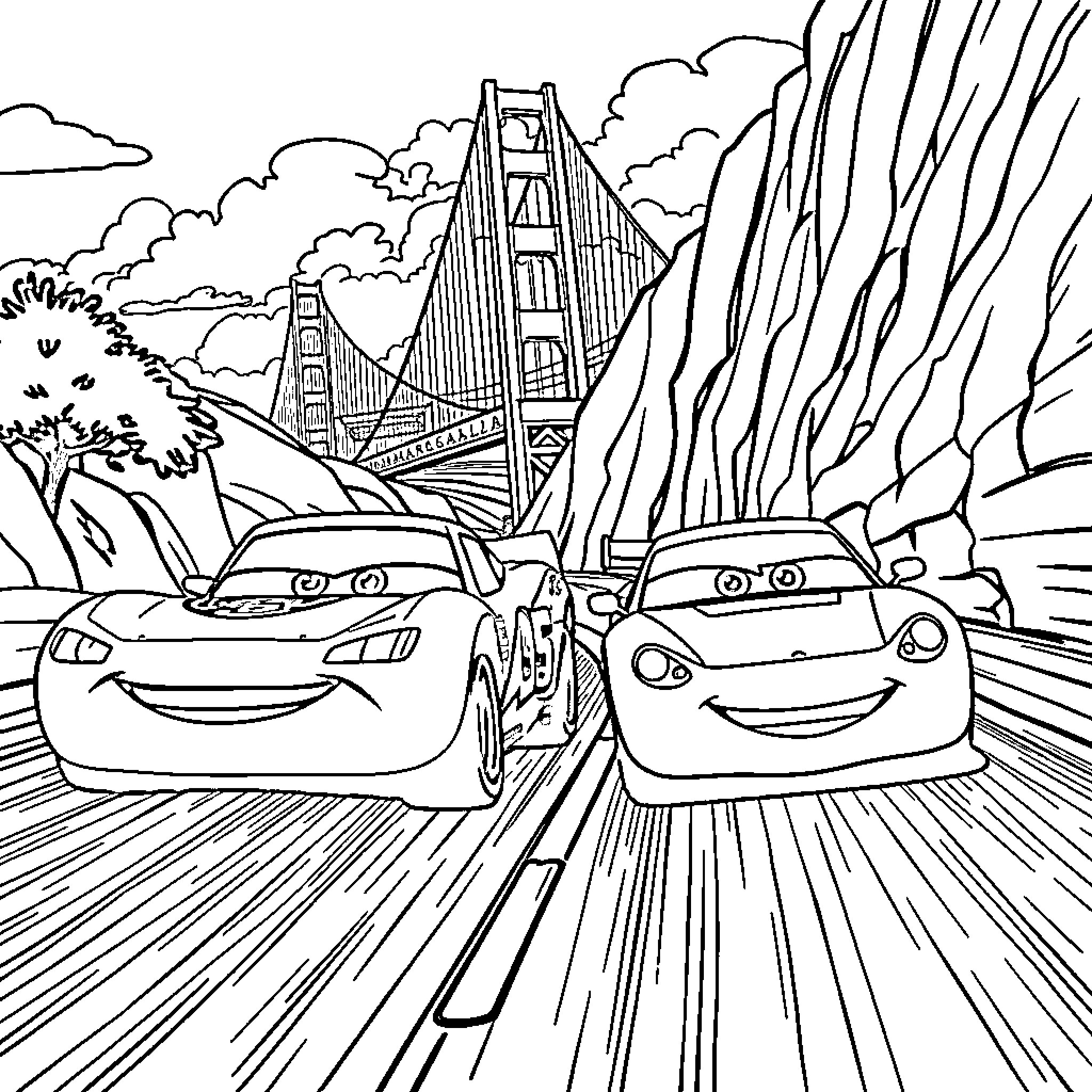 Cars racing by Golden Gate Bridge Coloring Page (free black-and-white line drawing printable PDF for all, from beginners to advanced learners, including children, teens, adults, and seniors)