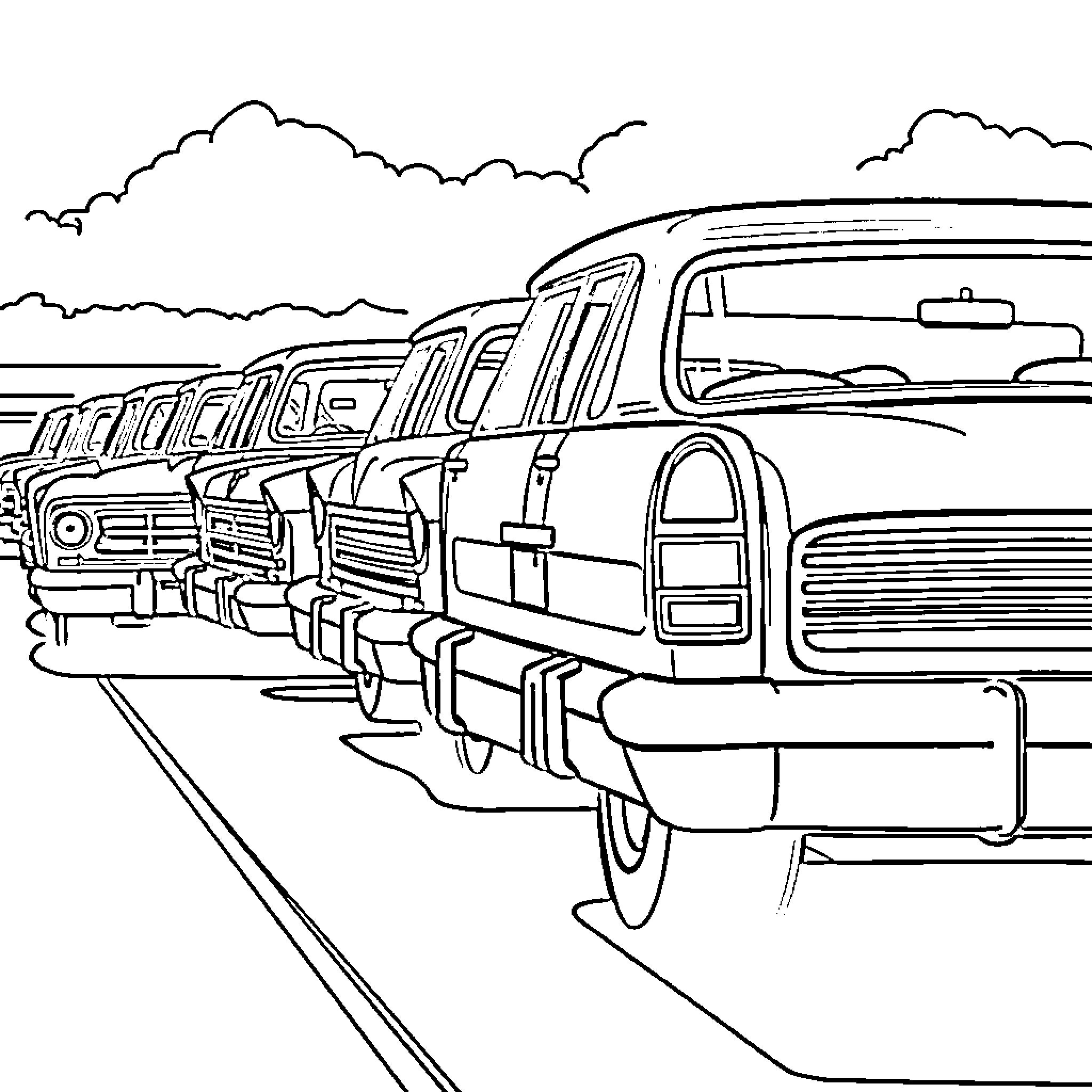 Station Wagon Caravan Traveling on the Road Coloring Page (free black-and-white line drawing printable PDF for all, from beginners to advanced learners, including children, teens, adults, and seniors)