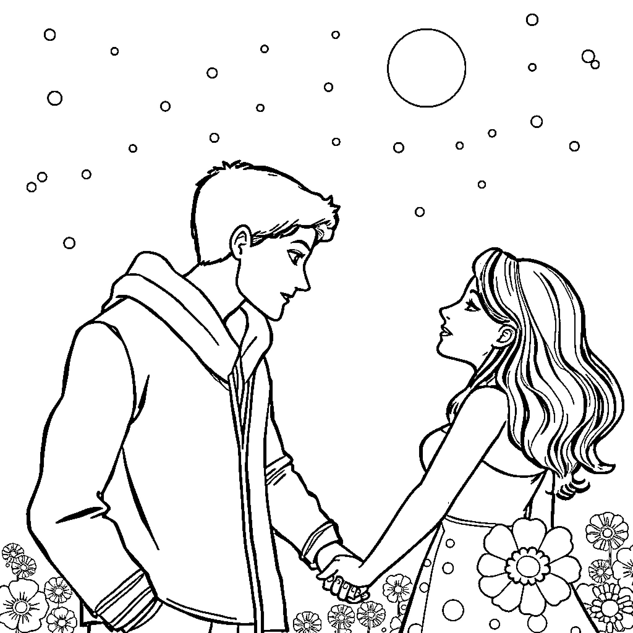 Couple sharing a romantic moment outdoors Coloring Page (free black-and-white line drawing printable PDF for all, from beginners to advanced learners, including children, teens, adults, and seniors)