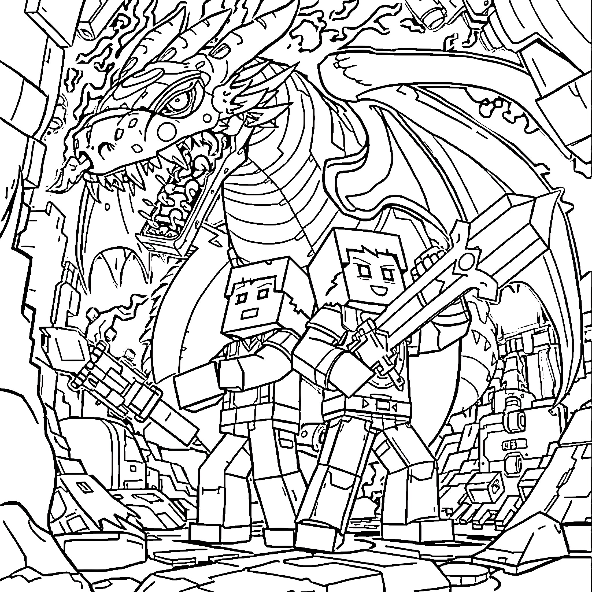 Steve's Legendary Battle with a Fearsome Dragon Coloring Page (free black-and-white line drawing printable PDF for all, from beginners to advanced learners, including children, teens, adults, and seniors)