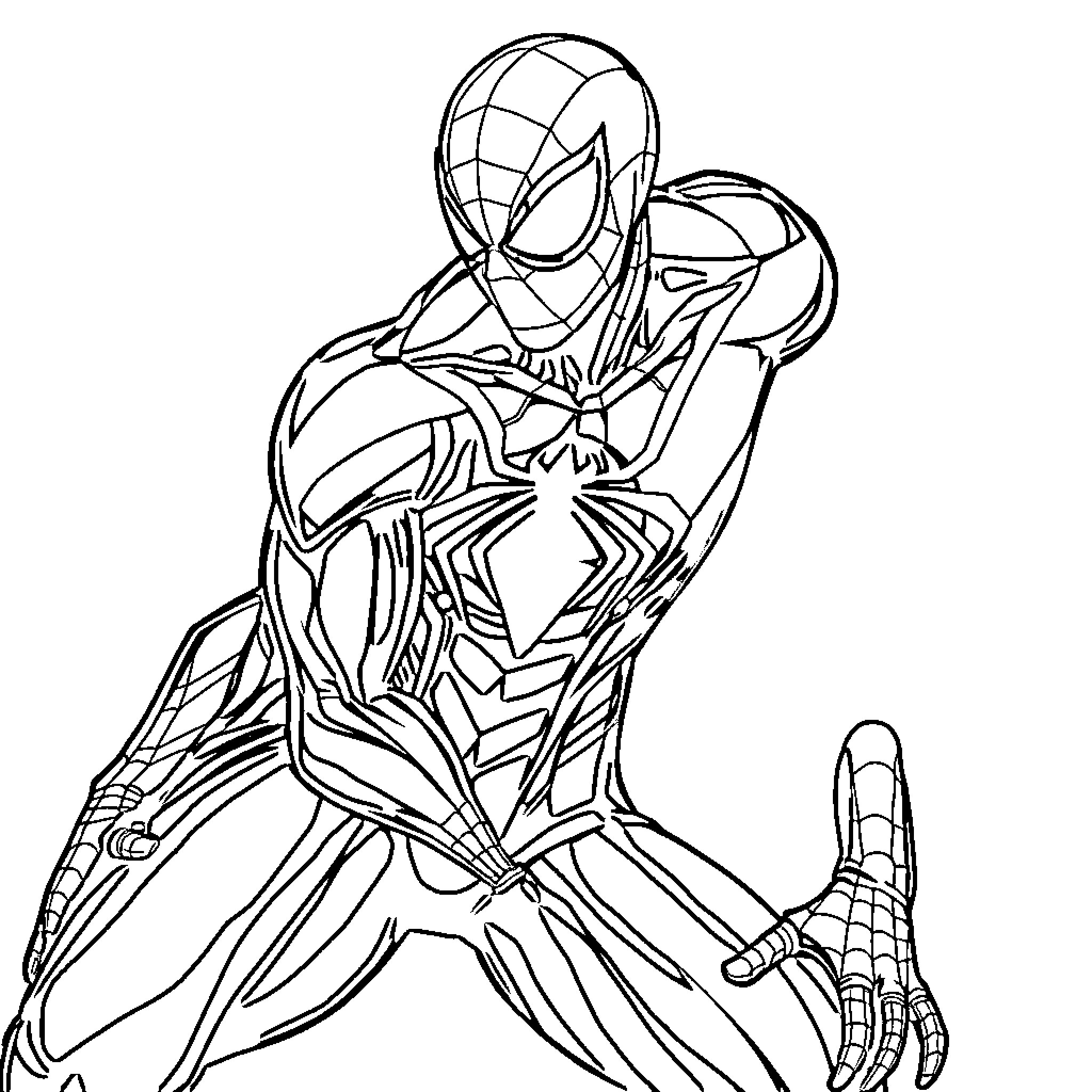 Spider-Man in action-packed heroic pose Coloring Page (free black-and-white line drawing printable PDF for all, from beginners to advanced learners, including children, teens, adults, and seniors)