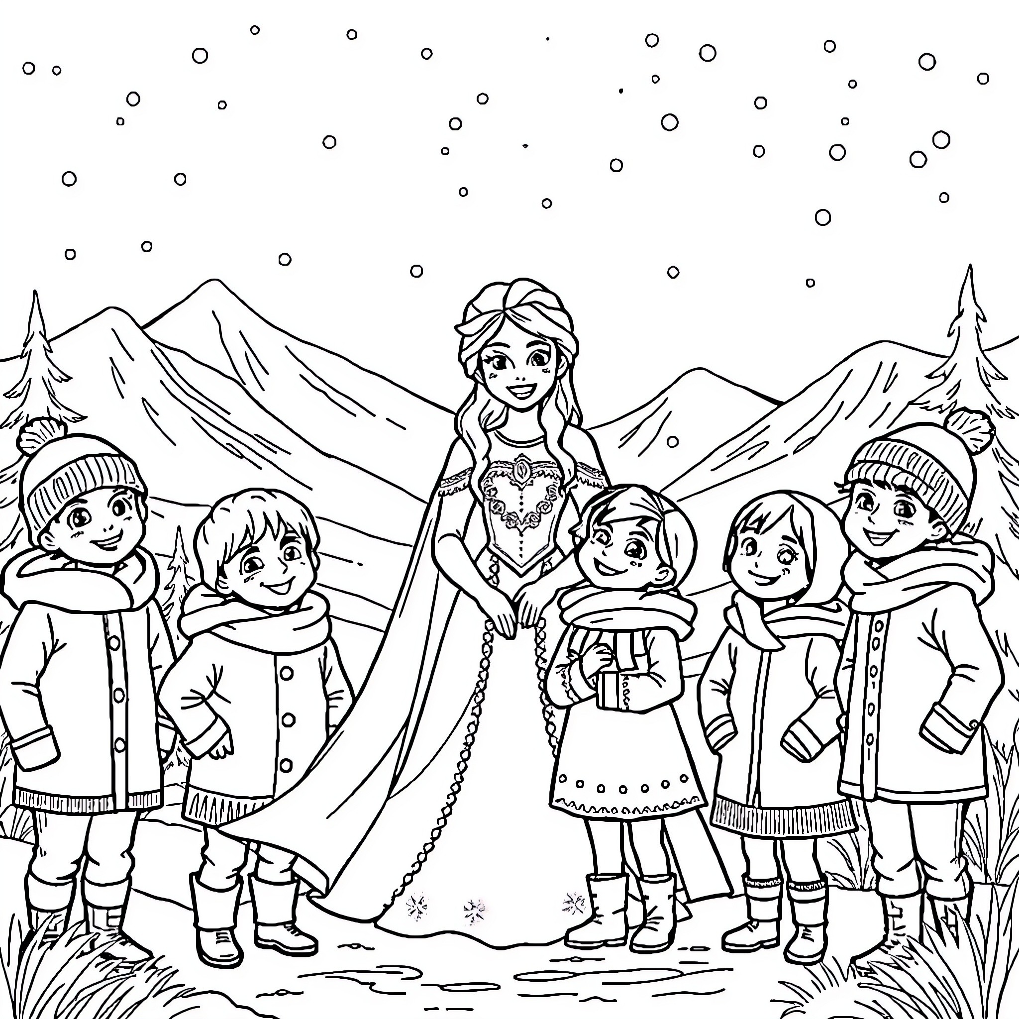 Queen Surrounded by Children in Winter Wonderland Coloring Page (free black-and-white line drawing printable PDF for all, from beginners to advanced learners, including children, teens, adults, and seniors)